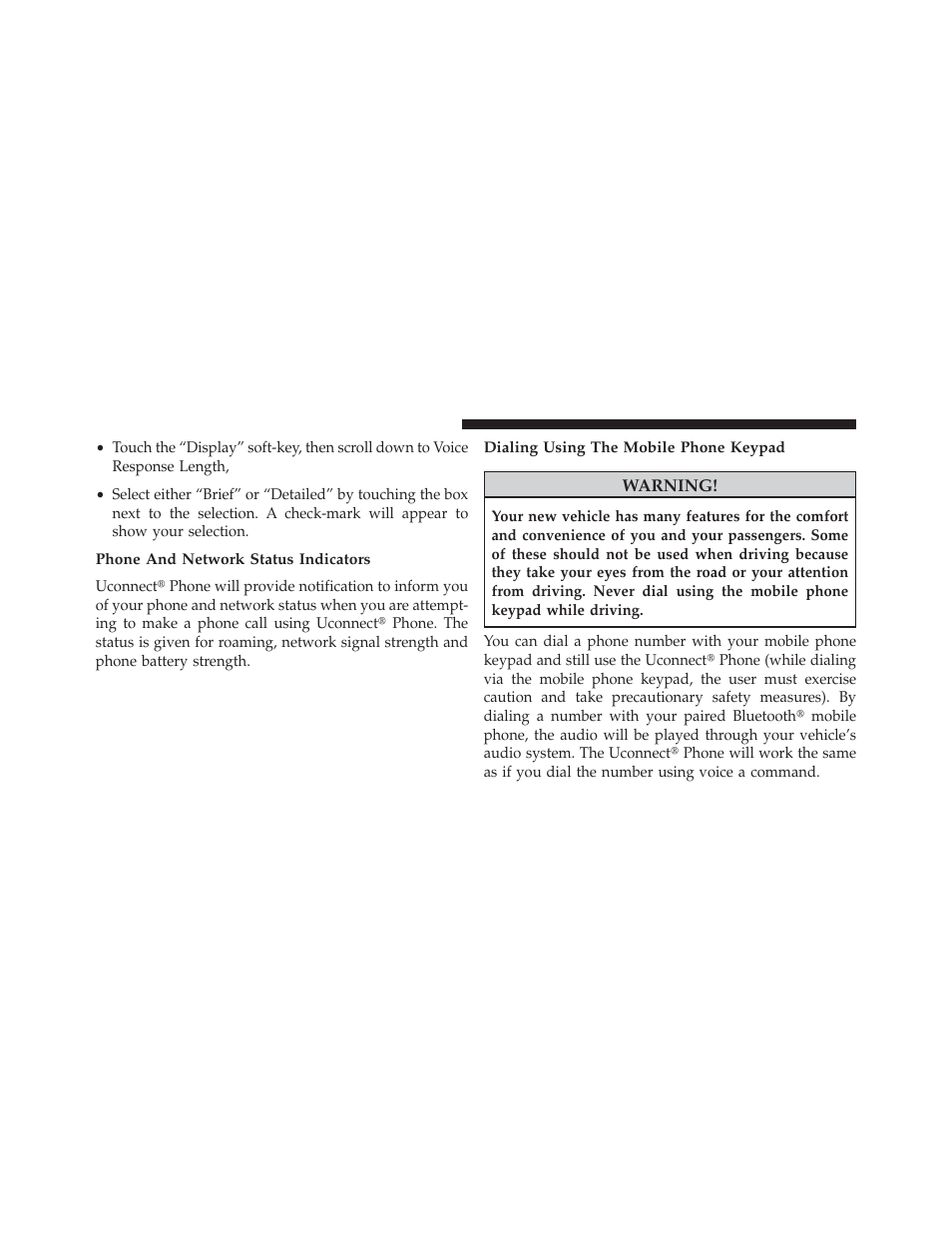 Phone and network status indicators, Dialing using the mobile phone keypad | Dodge 2013 Charger SRT8 User Manual | Page 144 / 587