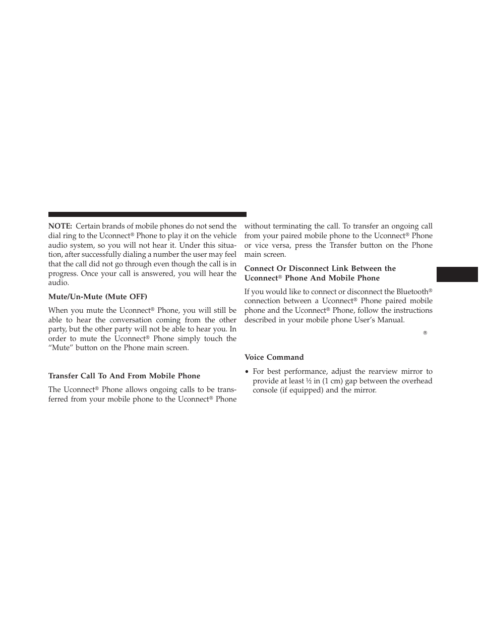 Mute/un-mute (mute off), Advanced phone connectivity, Transfer call to and from mobile phone | Things you should know about your uconnect phone, Voice command, Things you should know about your, Uconnect, Phone | Dodge 2013 Charger SRT8 User Manual | Page 145 / 587