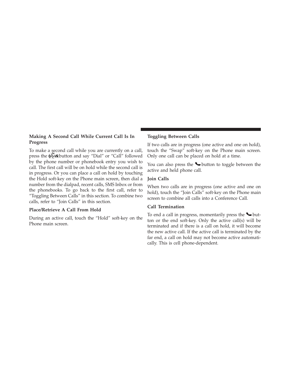 Place/retrieve a call from hold, Toggling between calls, Join calls | Call termination | Dodge 2013 Charger SRT8 User Manual | Page 168 / 587