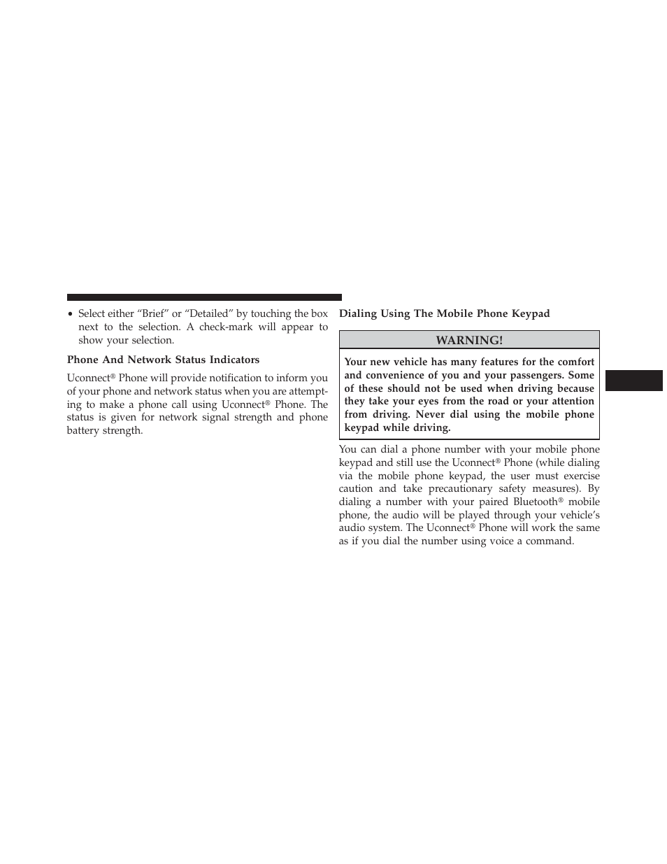 Phone and network status indicators, Dialing using the mobile phone keypad | Dodge 2013 Charger SRT8 User Manual | Page 173 / 587