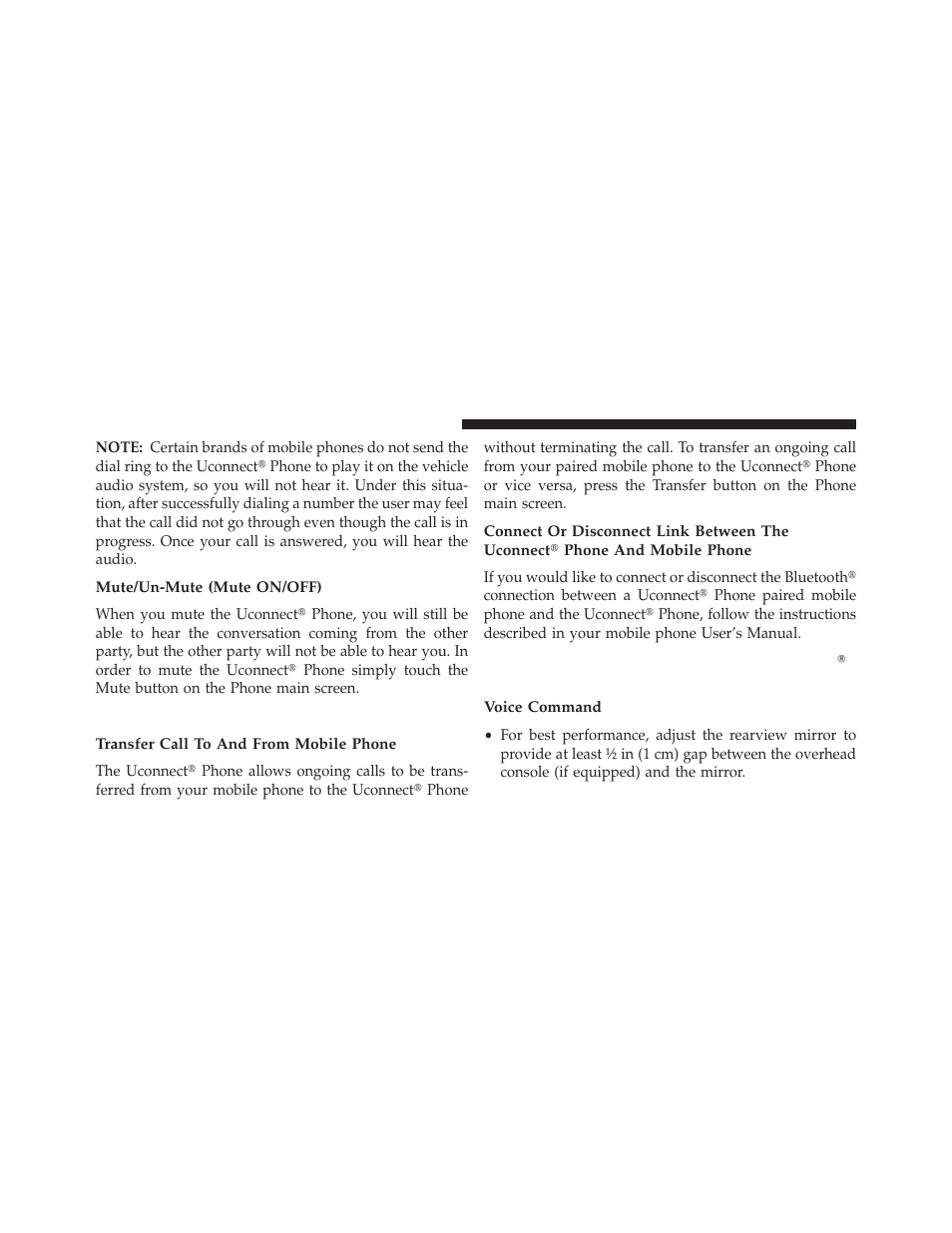 Mute/un-mute (mute on/off), Advanced phone connectivity, Transfer call to and from mobile phone | Things you should know about your uconnect phone, Voice command, Things you should know about your, Uconnect, Phone | Dodge 2013 Charger SRT8 User Manual | Page 174 / 587