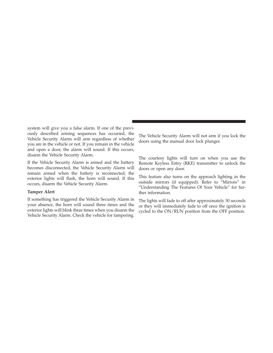 Tamper alert, Security system manual override, Illuminated entry — if equipped | Dodge 2013 Charger SRT8 User Manual | Page 22 / 587