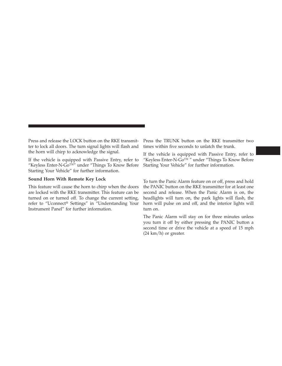 To lock the doors, Sound horn with remote key lock, To unlatch the trunk | Using the panic alarm | Dodge 2013 Charger SRT8 User Manual | Page 25 / 587