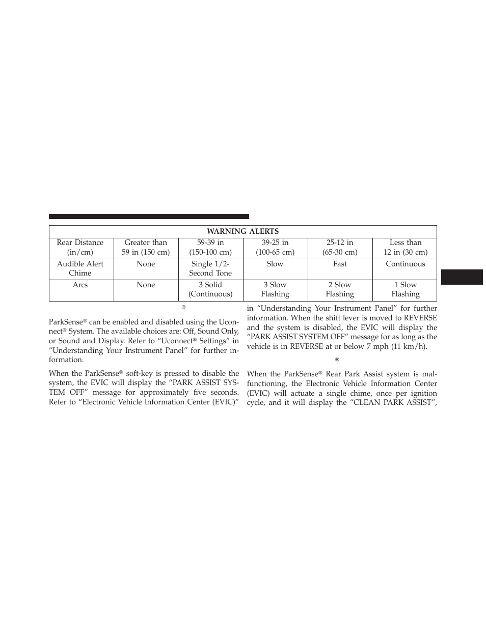 Enabling and disabling parksense, Service the parksense rear park assist system, Service the parksense௡ rear park assist | System | Dodge 2013 Charger SRT8 User Manual | Page 273 / 587