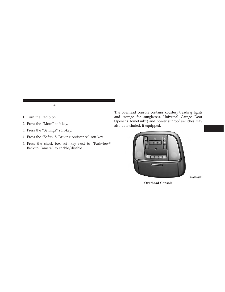 Overhead console, Turning parkview௡ on or off — with touch, Screen radio | Dodge 2013 Charger SRT8 User Manual | Page 279 / 587