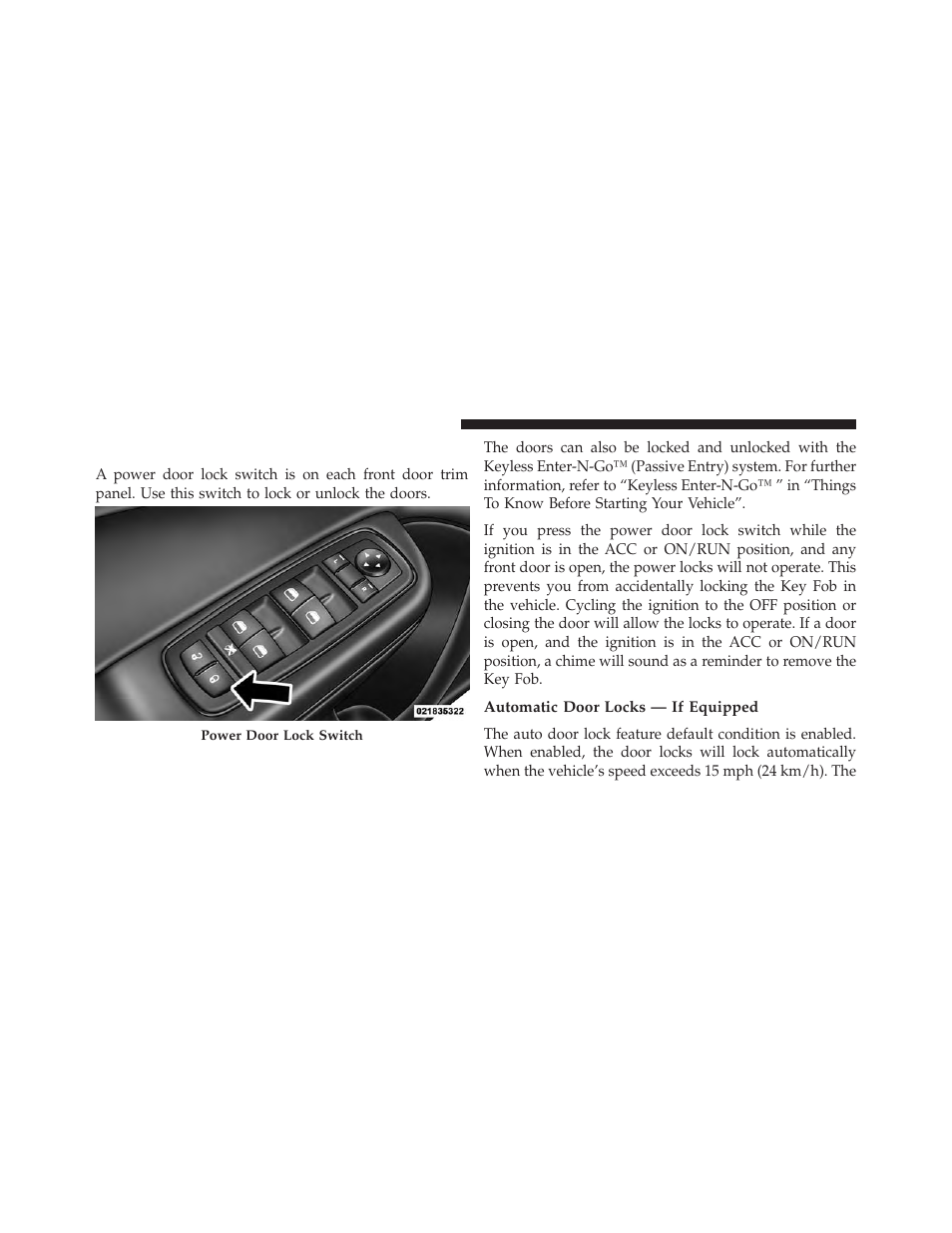 Power door locks, Automatic door locks — if equipped | Dodge 2013 Charger SRT8 User Manual | Page 34 / 587