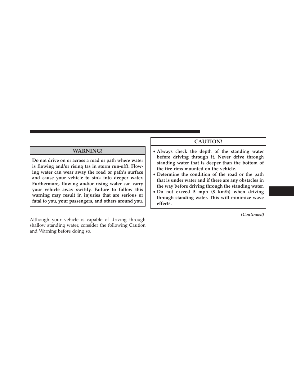 Flowing/rising water, Shallow standing water | Dodge 2013 Charger SRT8 User Manual | Page 407 / 587