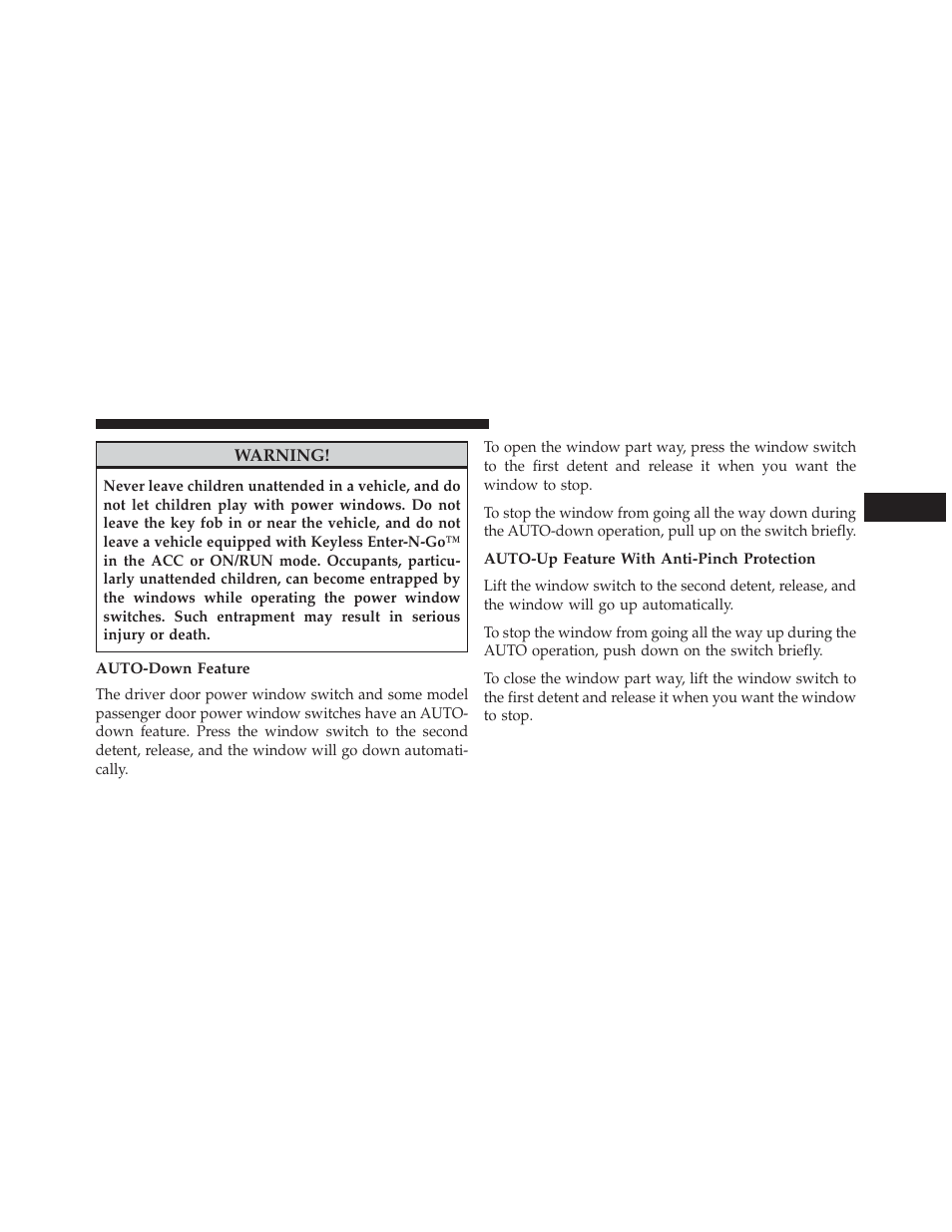 Auto-down feature, Auto-up feature with anti-pinch protection | Dodge 2013 Charger SRT8 User Manual | Page 43 / 587