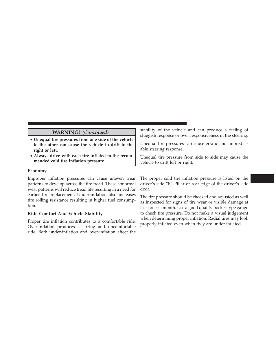 Economy, Ride comfort and vehicle stability, Tire inflation pressures | Dodge 2013 Charger SRT8 User Manual | Page 435 / 587