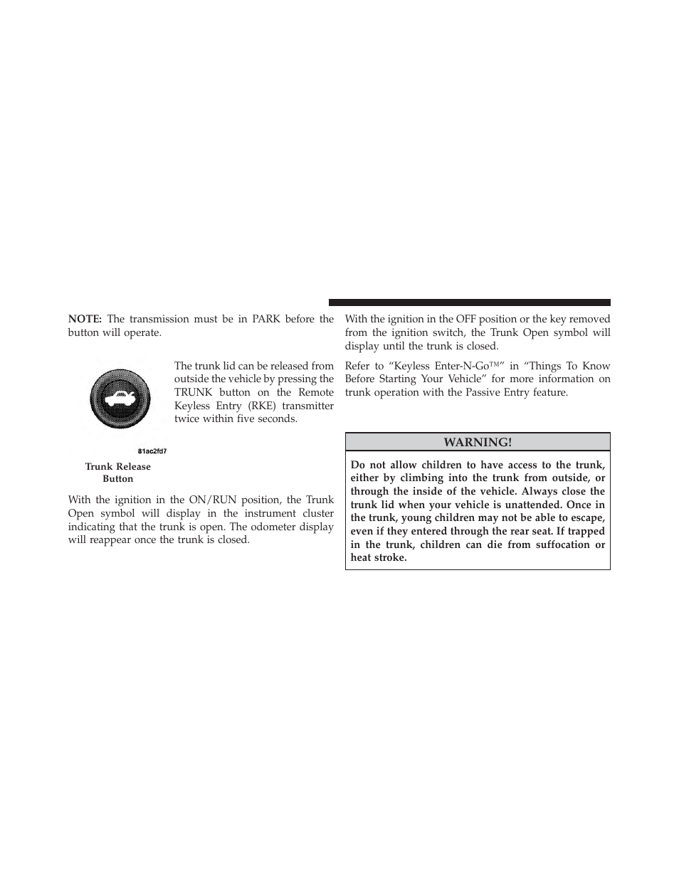 Trunk safety warning | Dodge 2013 Charger SRT8 User Manual | Page 46 / 587