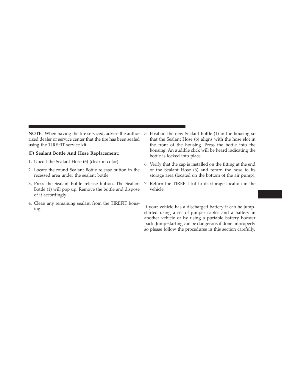 F) sealant bottle and hose replacement, Jump-starting procedures | Dodge 2013 Charger SRT8 User Manual | Page 477 / 587