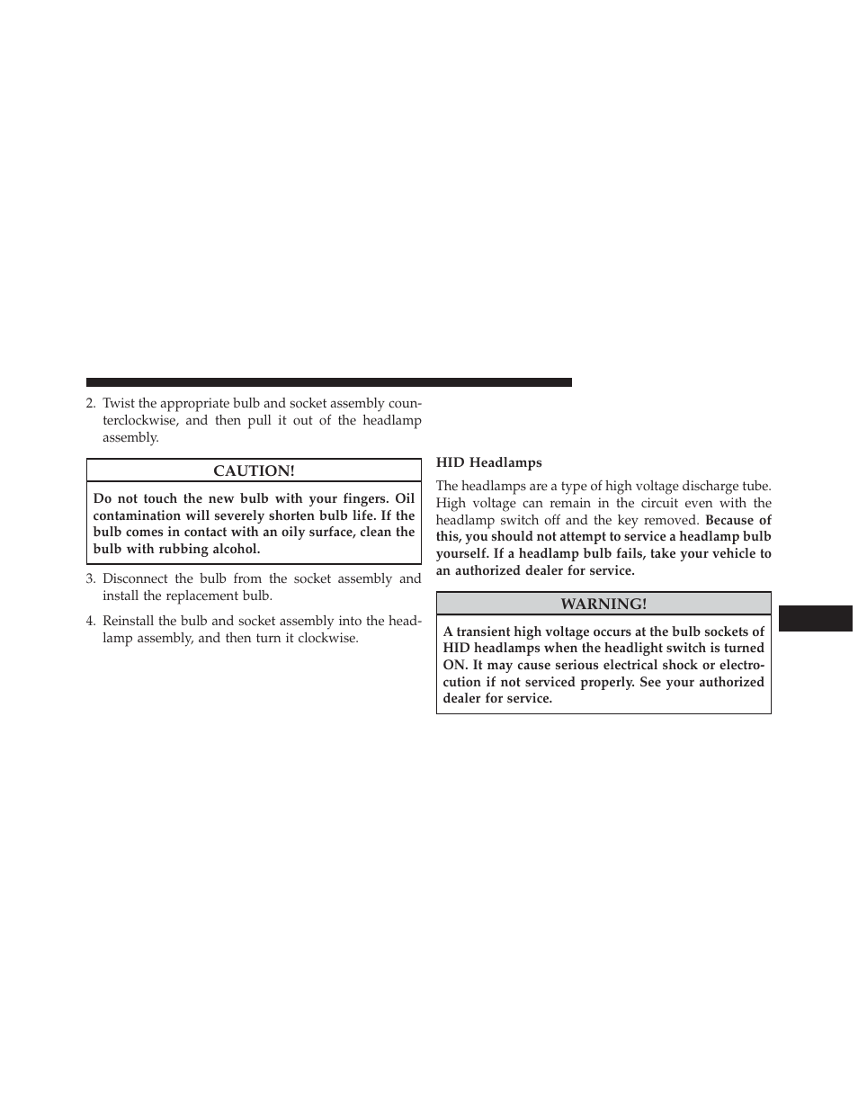 Hid headlamps, Front low beam headlamp and park/turn lamp | Dodge 2013 Charger SRT8 User Manual | Page 533 / 587