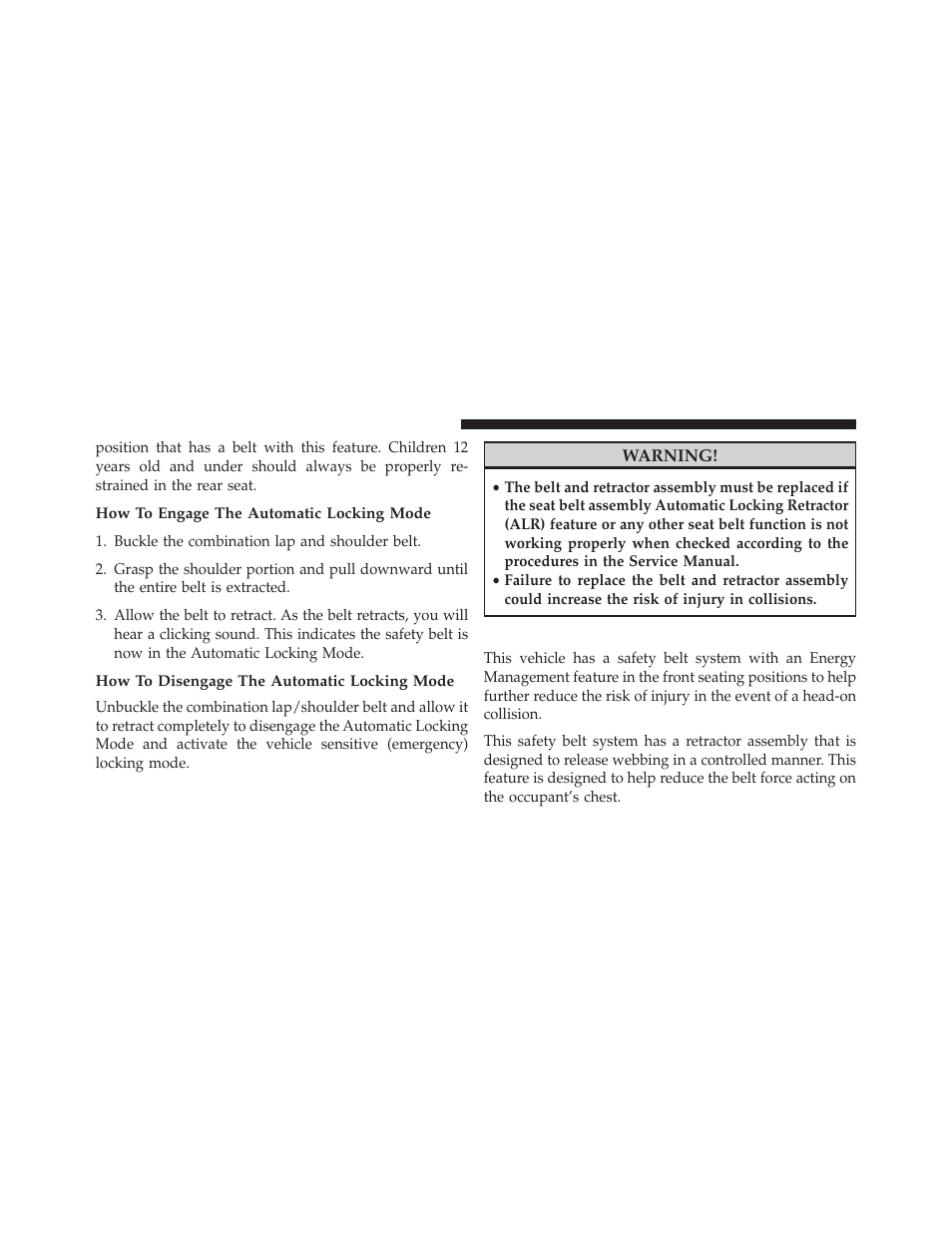 How to engage the automatic locking mode, How to disengage the automatic locking mode, Energy management feature | Dodge 2013 Charger SRT8 User Manual | Page 58 / 587