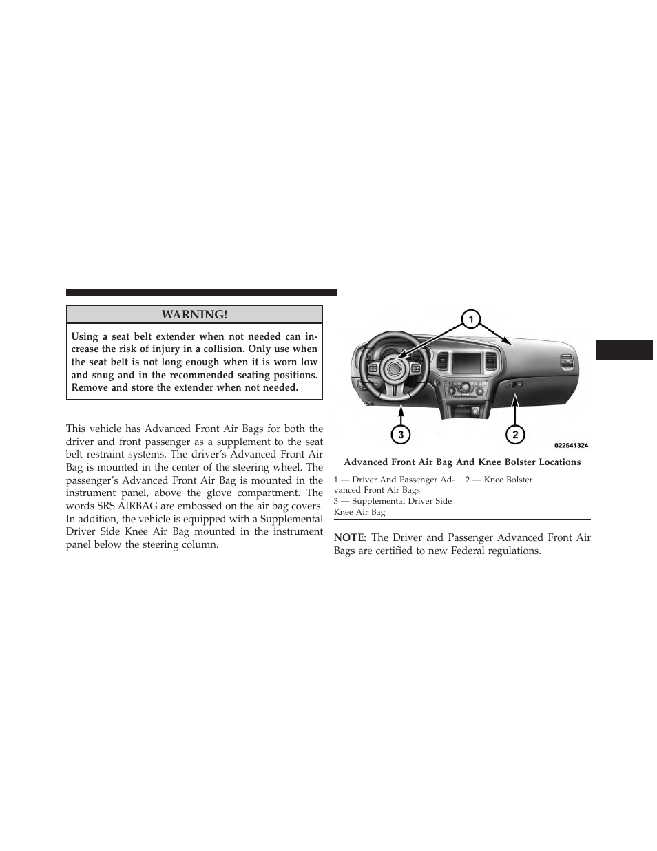 Supplemental restraint system (srs) — air bags, Supplemental restraint system, Srs) — air bags | Dodge 2013 Charger SRT8 User Manual | Page 61 / 587