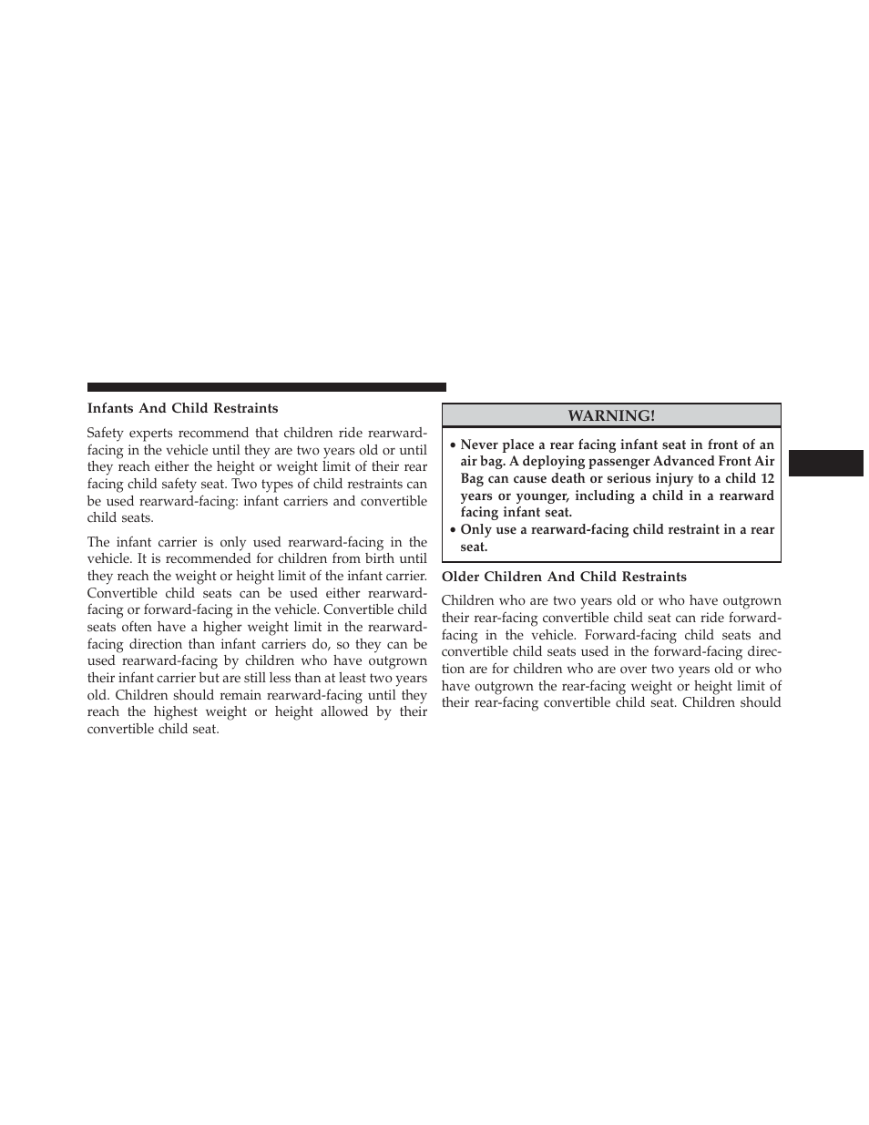 Infants and child restraints, Older children and child restraints | Dodge 2013 Charger SRT8 User Manual | Page 79 / 587