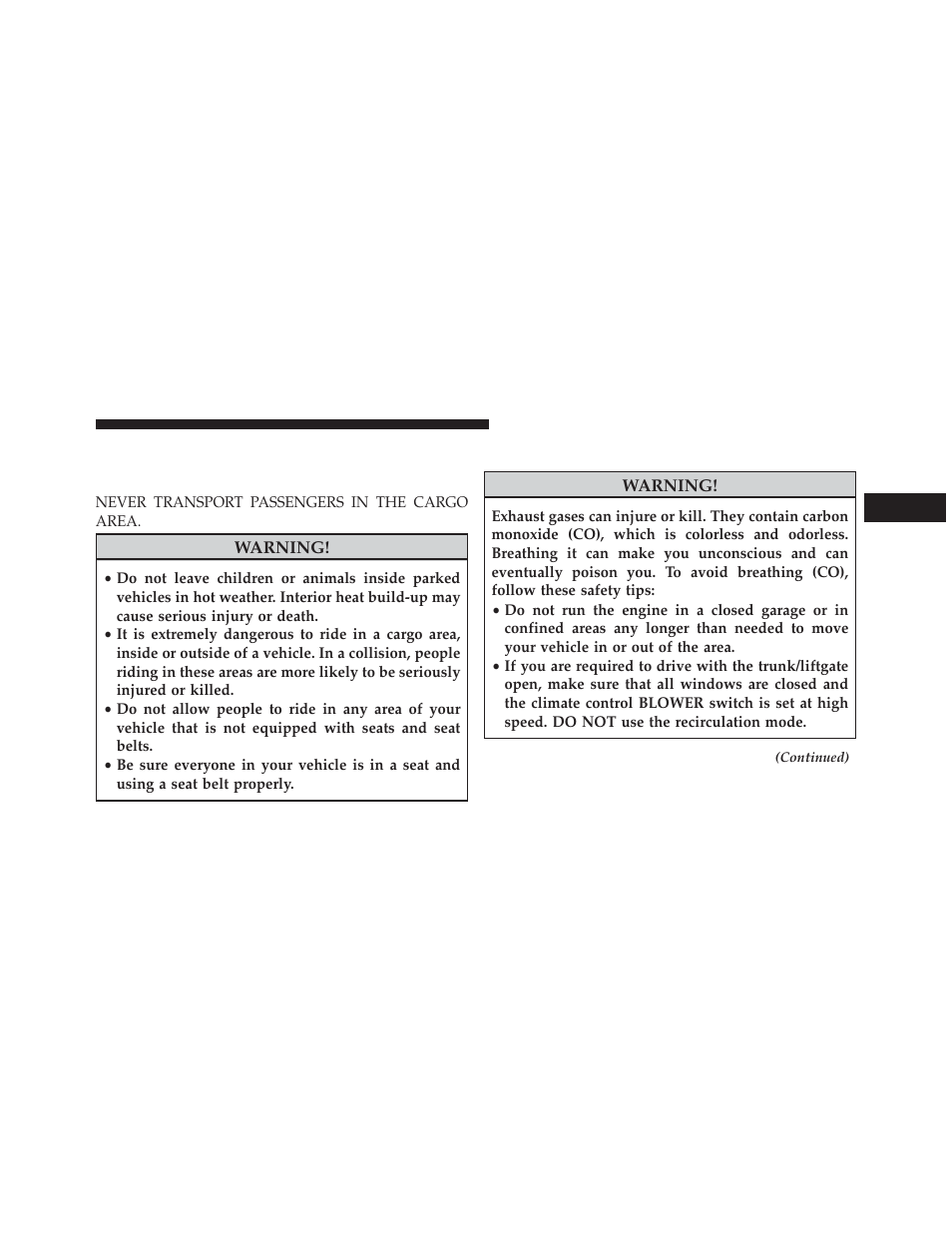 Safety tips, Transporting passengers, Exhaust gas | Dodge 2013 Charger SRT8 User Manual | Page 99 / 587