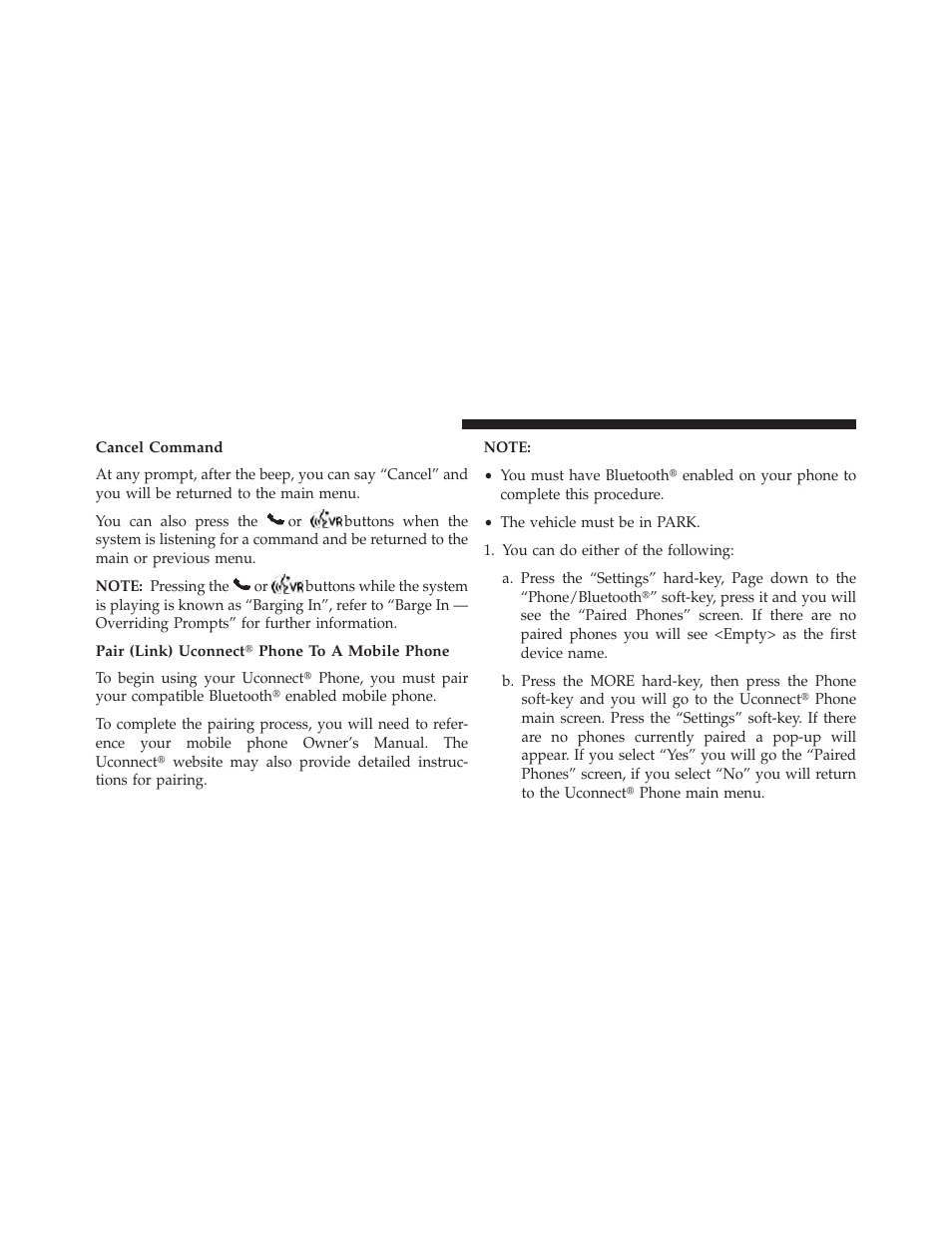 Cancel command, Pair (link) uconnect phone to a mobile phone | Dodge 2013 Charger User Manual | Page 130 / 622