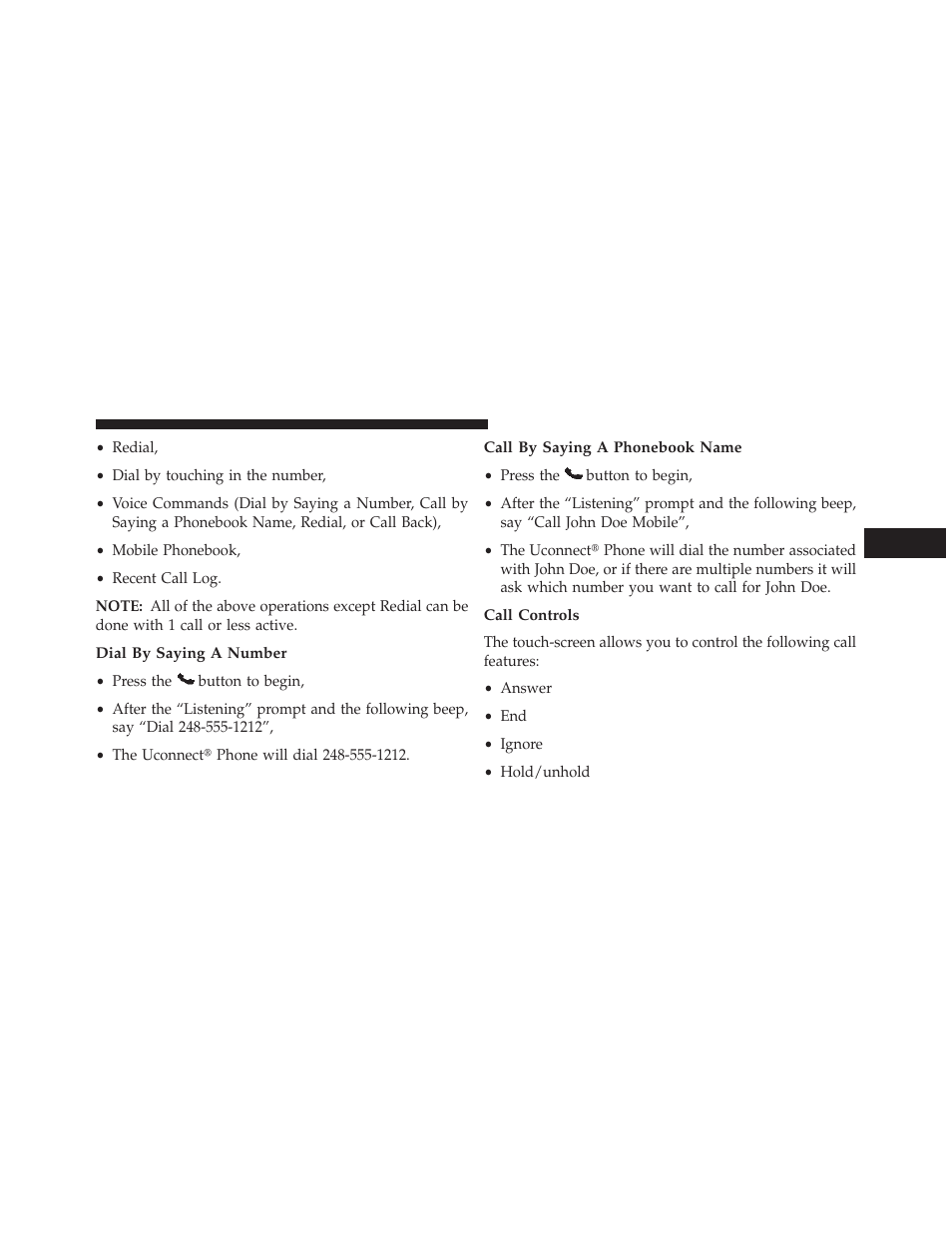 Dial by saying a number, Call by saying a phonebook name, Call controls | Dodge 2013 Charger User Manual | Page 135 / 622