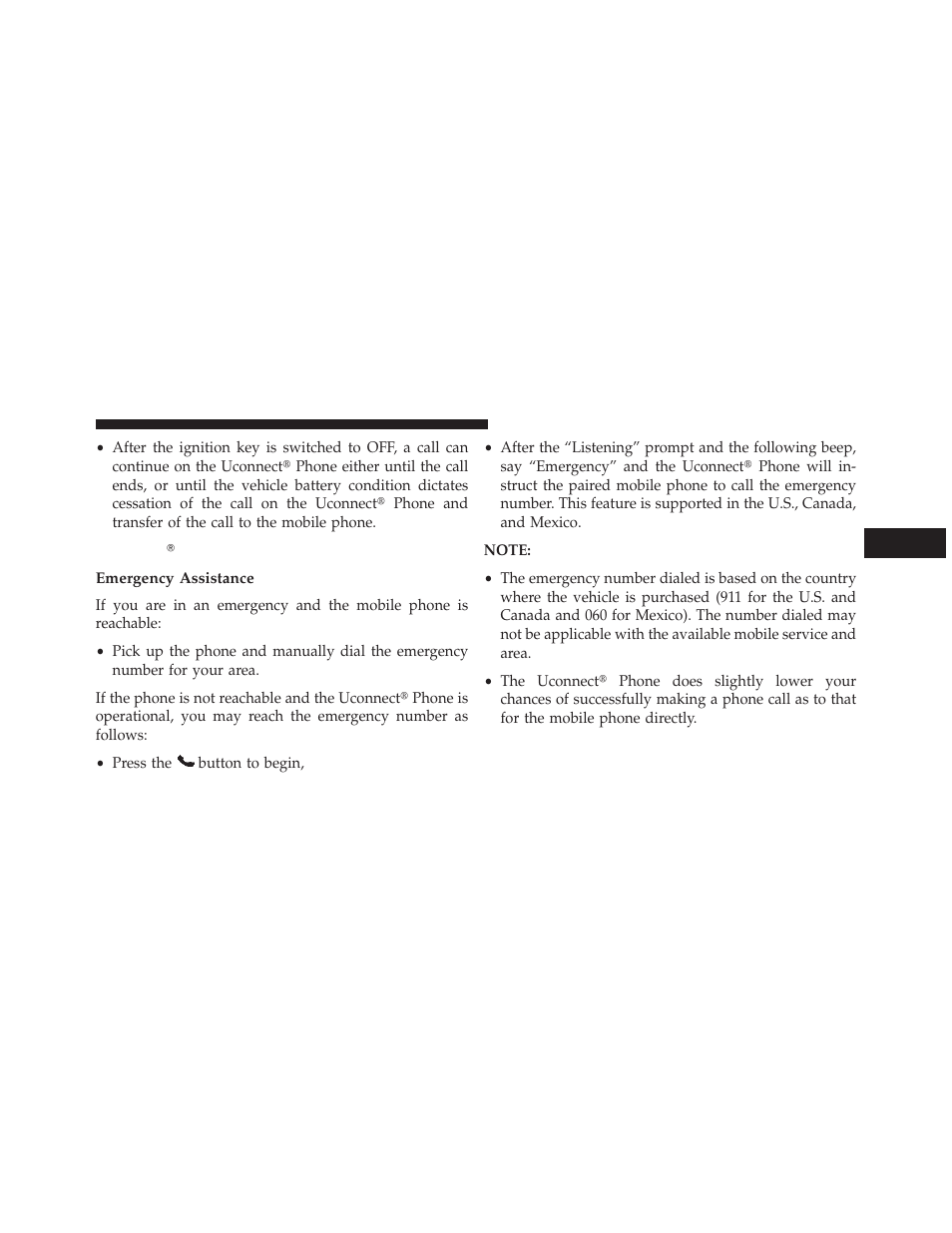 Uconnect phone features, Emergency assistance, Uconnect௡ phone features | Dodge 2013 Charger User Manual | Page 139 / 622