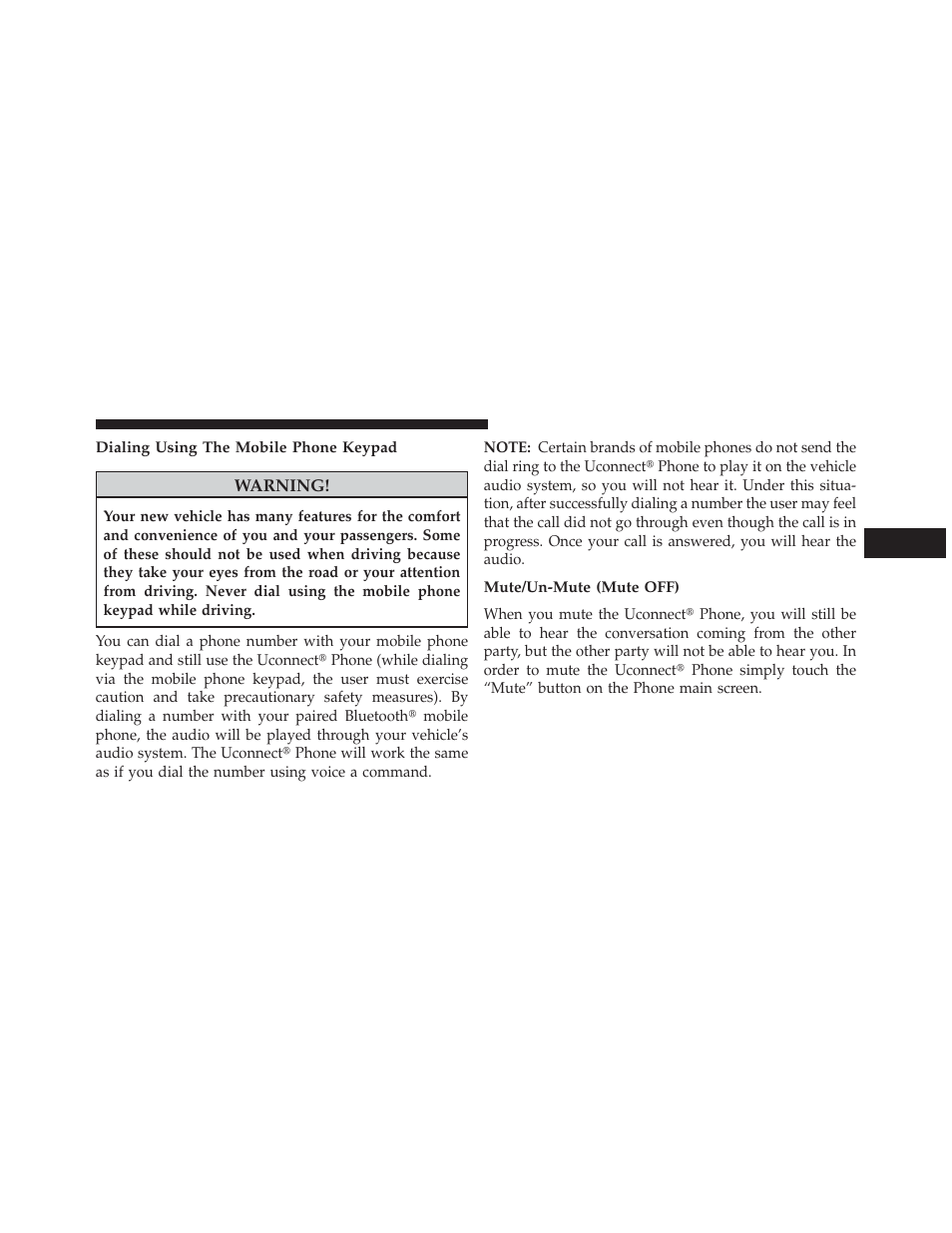 Dialing using the mobile phone keypad, Mute/un-mute (mute off) | Dodge 2013 Charger User Manual | Page 143 / 622