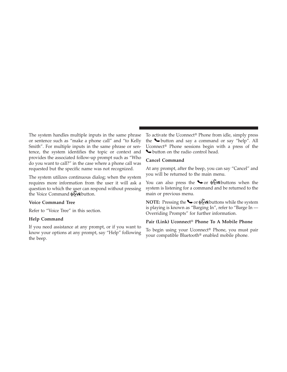 Voice command tree, Help command, Cancel command | Pair (link) uconnect phone to a mobile phone | Dodge 2013 Charger User Manual | Page 154 / 622