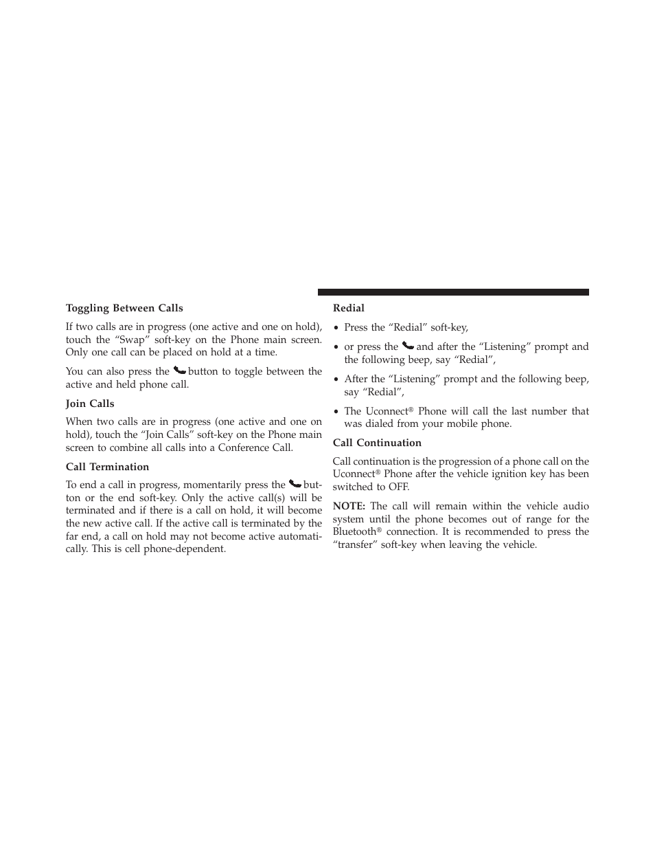 Toggling between calls, Join calls, Call termination | Redial, Call continuation | Dodge 2013 Charger User Manual | Page 168 / 622