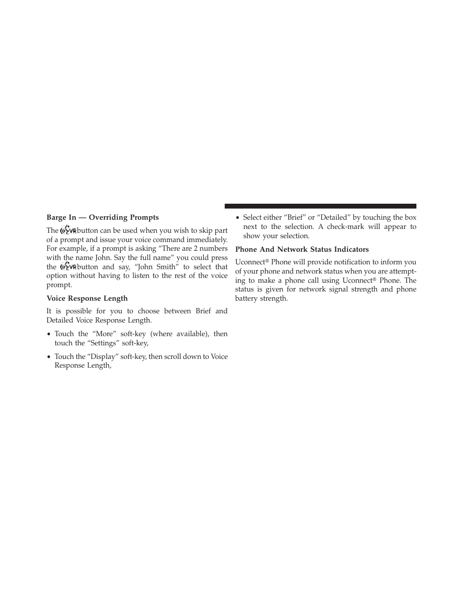 Barge in — overriding prompts, Voice response length, Phone and network status indicators | Dodge 2013 Charger User Manual | Page 172 / 622