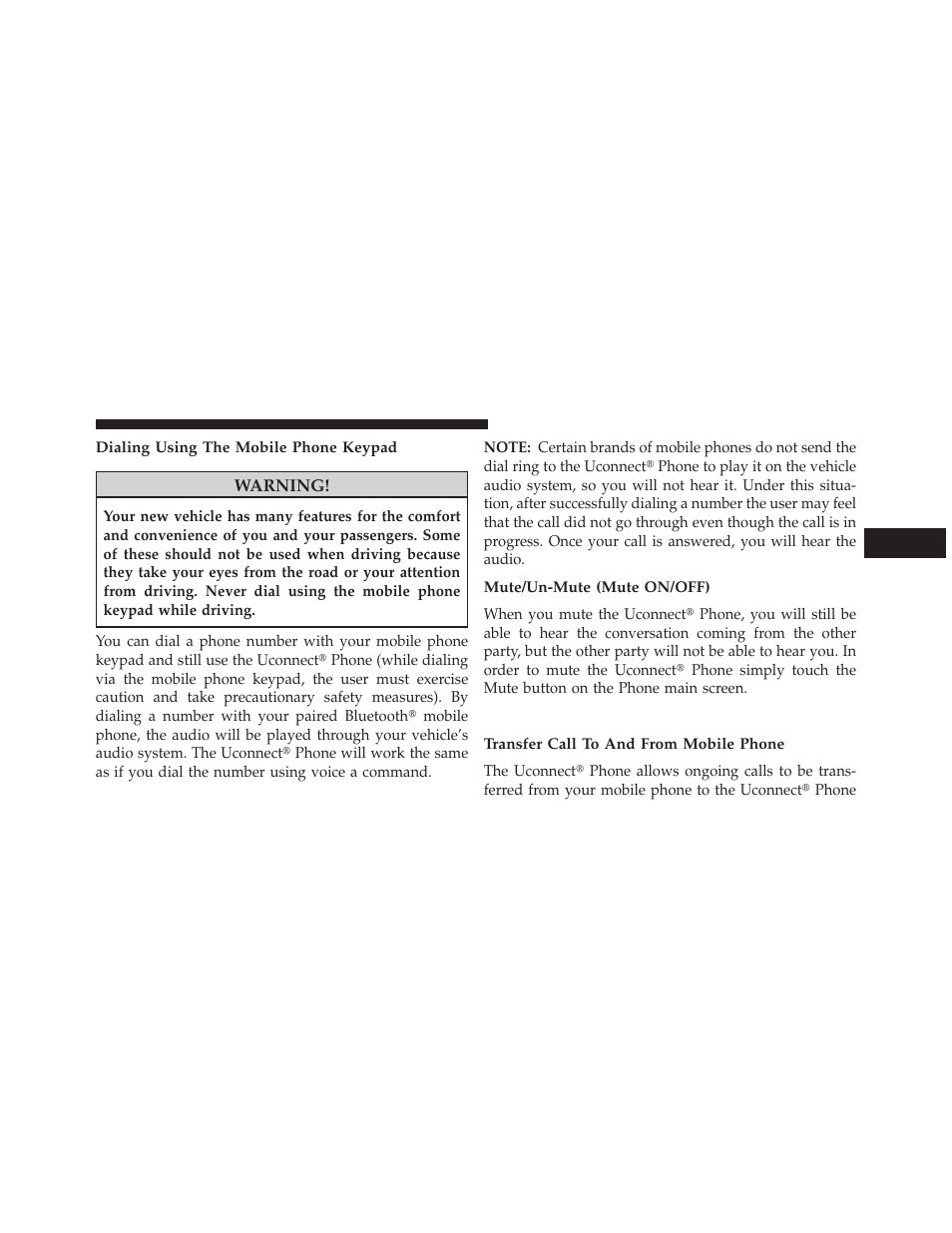 Dialing using the mobile phone keypad, Mute/un-mute (mute on/off), Advanced phone connectivity | Transfer call to and from mobile phone | Dodge 2013 Charger User Manual | Page 173 / 622