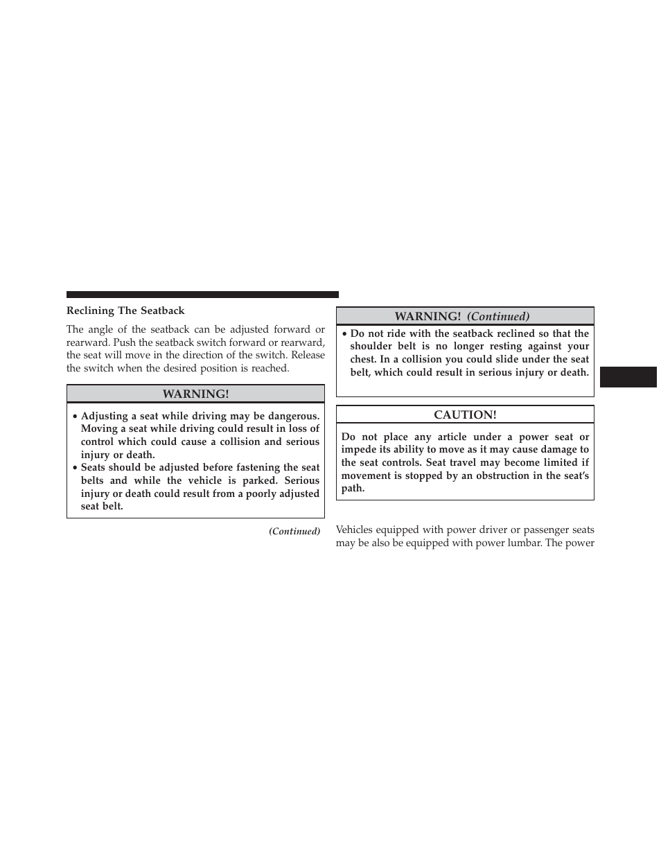 Reclining the seatback, Power lumbar — if equipped | Dodge 2013 Charger User Manual | Page 203 / 622