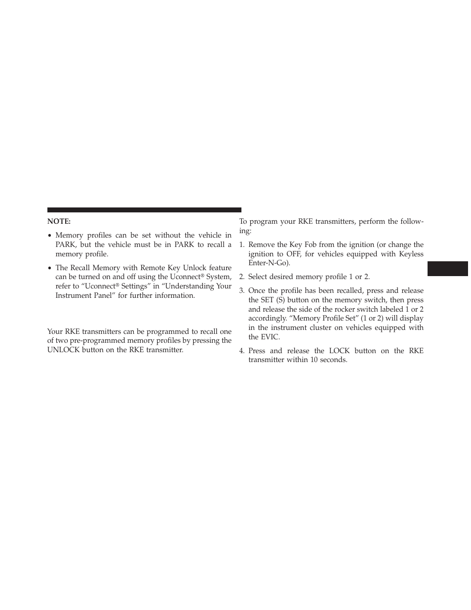 Linking and unlinking the remote keyless, Entry transmitter to memory | Dodge 2013 Charger User Manual | Page 217 / 622