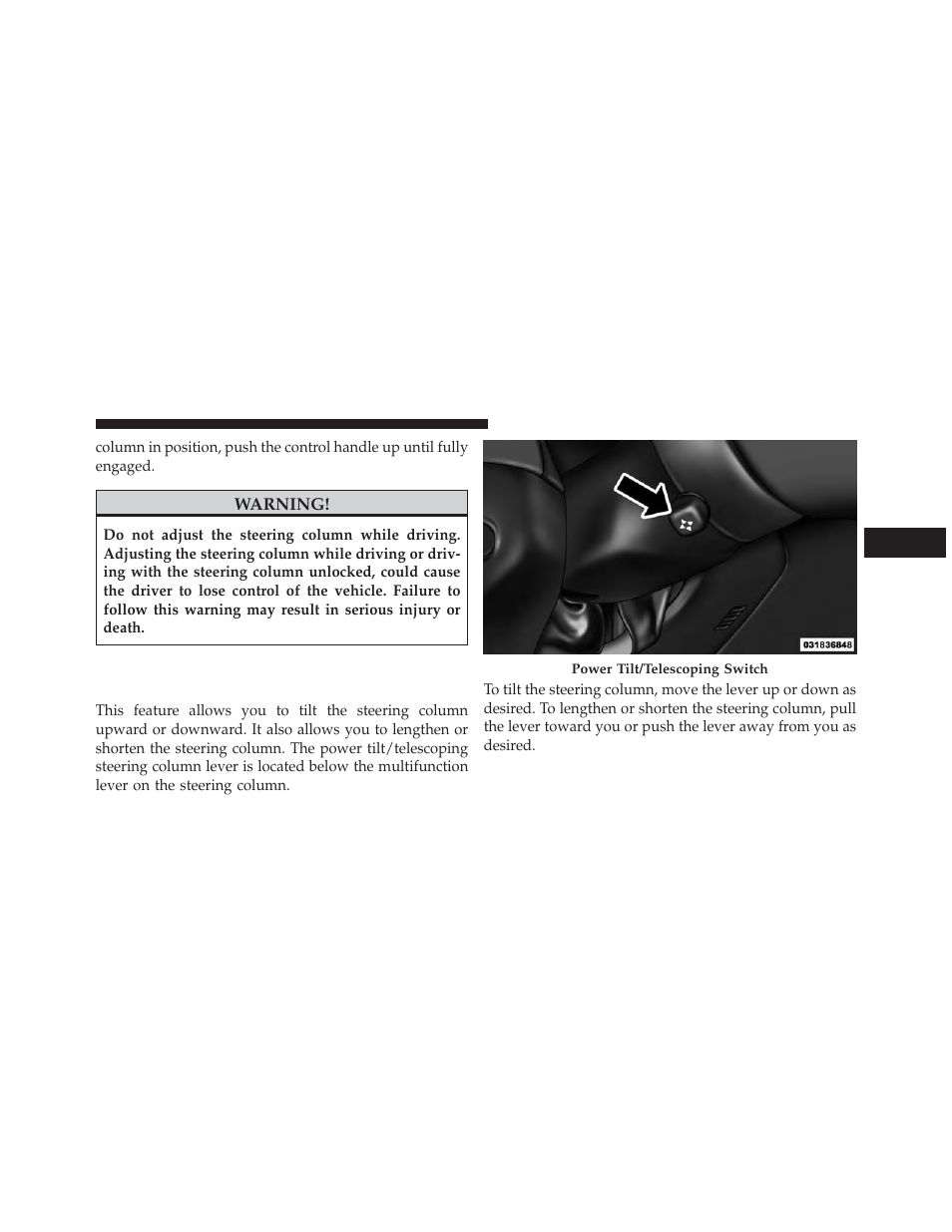 Power tilt/telescoping steering, Column — if equipped | Dodge 2013 Charger User Manual | Page 237 / 622