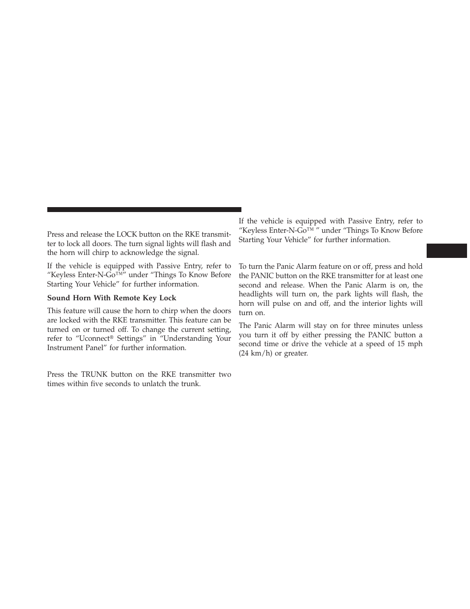 To lock the doors, Sound horn with remote key lock, To unlatch the trunk | Using the panic alarm | Dodge 2013 Charger User Manual | Page 25 / 622