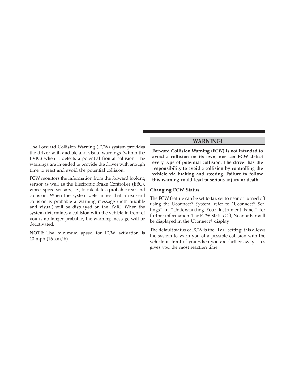 Forward collision warning — if equipped, Changing fcw status | Dodge 2013 Charger User Manual | Page 268 / 622