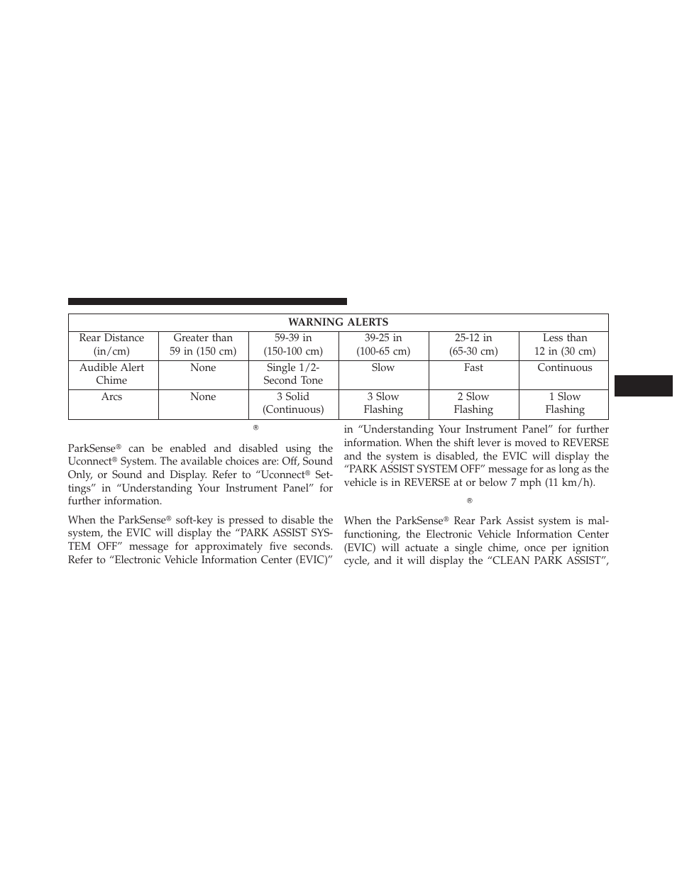 Enabling and disabling parksense, Service the parksense rear park assist system, Service the parksense௡ rear park assist | System | Dodge 2013 Charger User Manual | Page 275 / 622