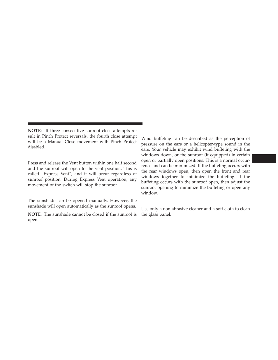 Venting sunroof — express, Sunshade operation, Wind buffeting | Sunroof maintenance | Dodge 2013 Charger User Manual | Page 295 / 622