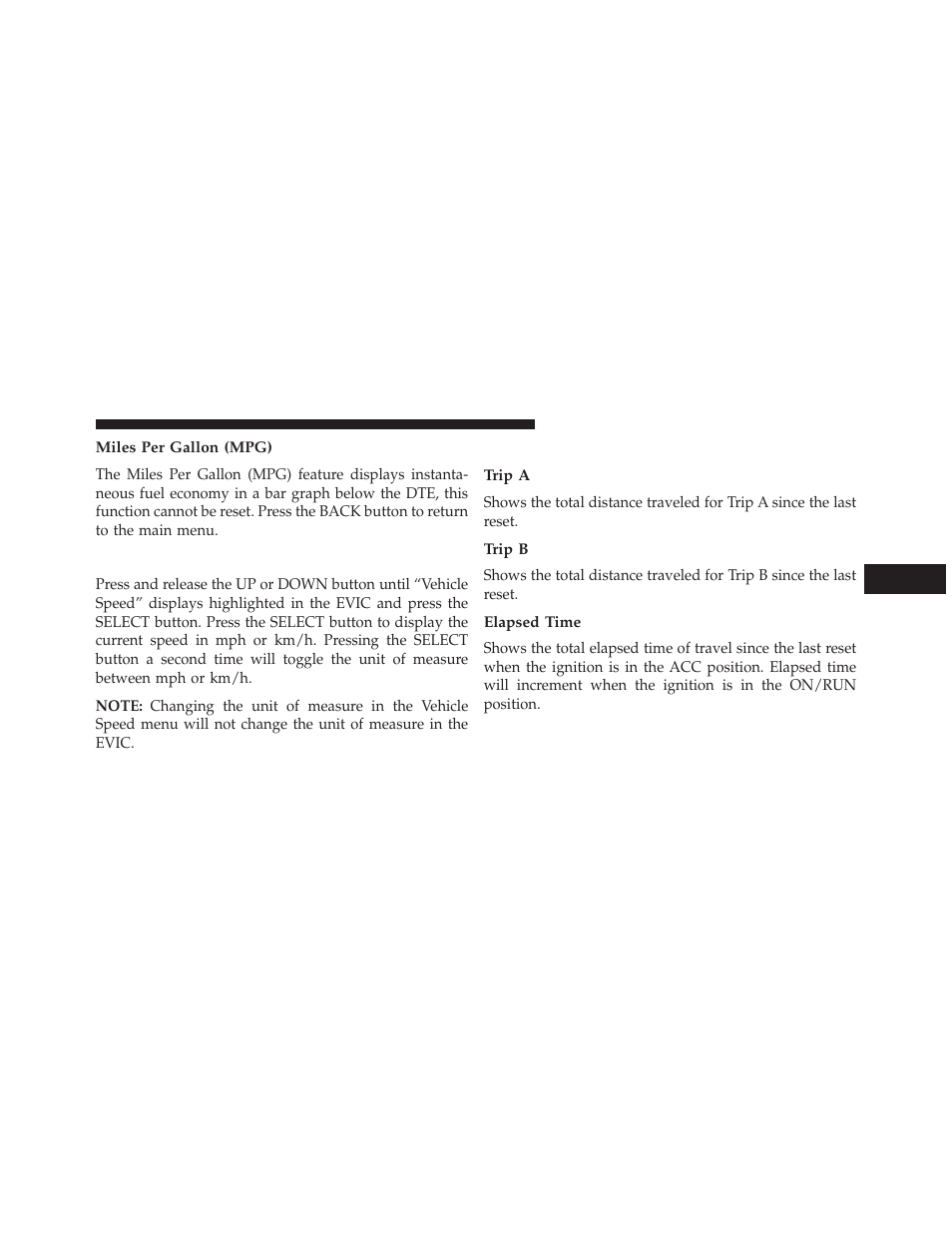 Miles per gallon (mpg), Vehicle speed, Trip info | Trip a, Trip b, Elapsed time | Dodge 2013 Charger User Manual | Page 337 / 622