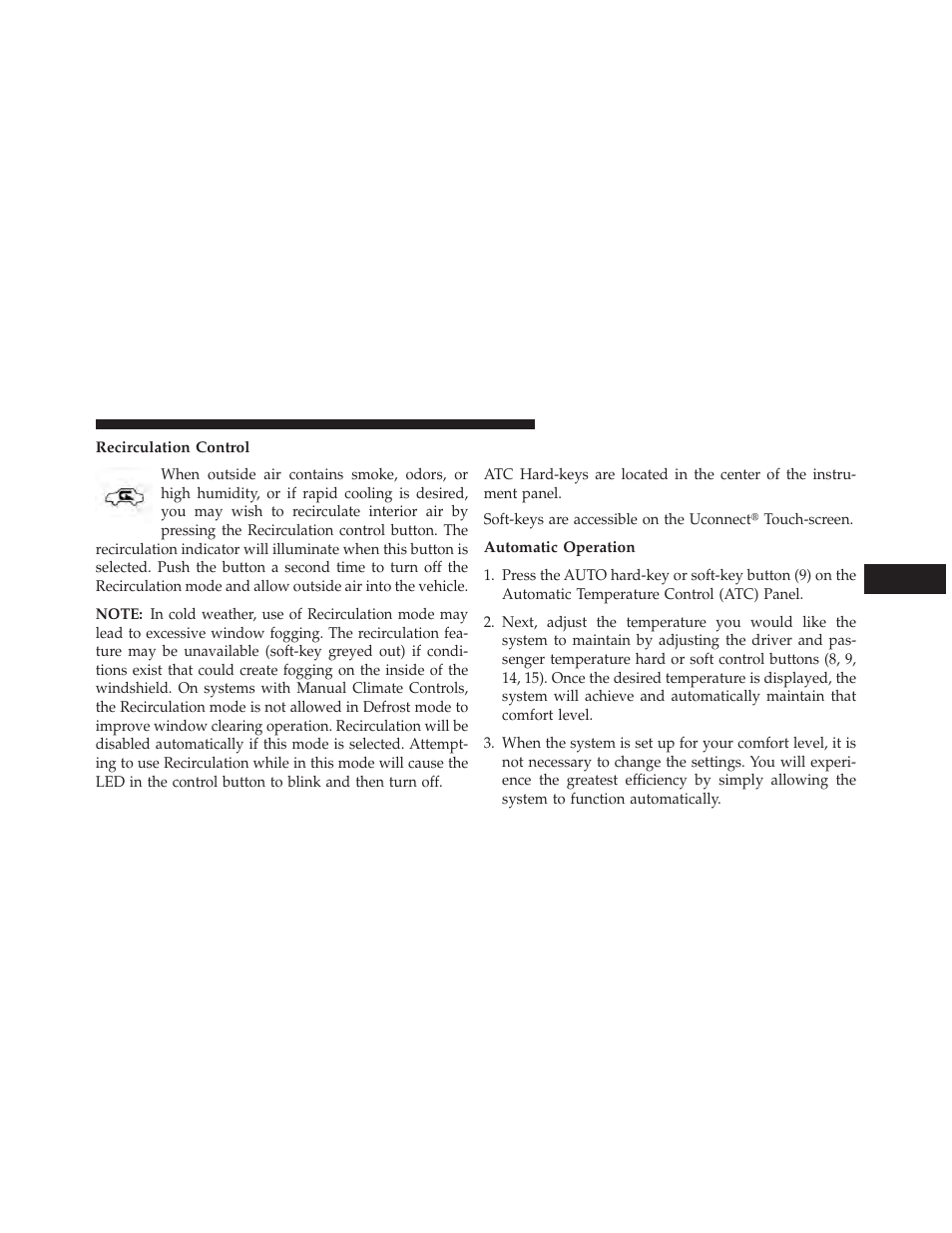 Recirculation control, Automatic temperature control (atc), Automatic operation | Dodge 2013 Charger User Manual | Page 381 / 622