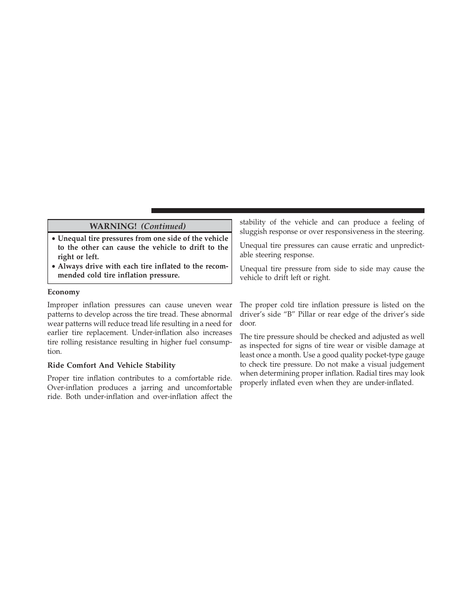 Economy, Ride comfort and vehicle stability, Tire inflation pressures | Dodge 2013 Charger User Manual | Page 450 / 622