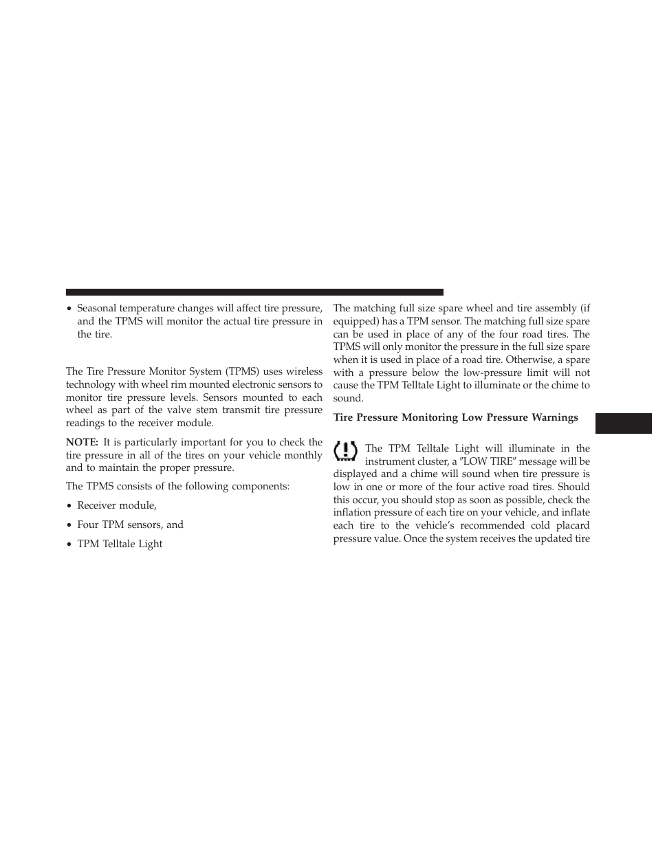 Base system, Tire pressure monitoring low pressure warnings | Dodge 2013 Charger User Manual | Page 465 / 622