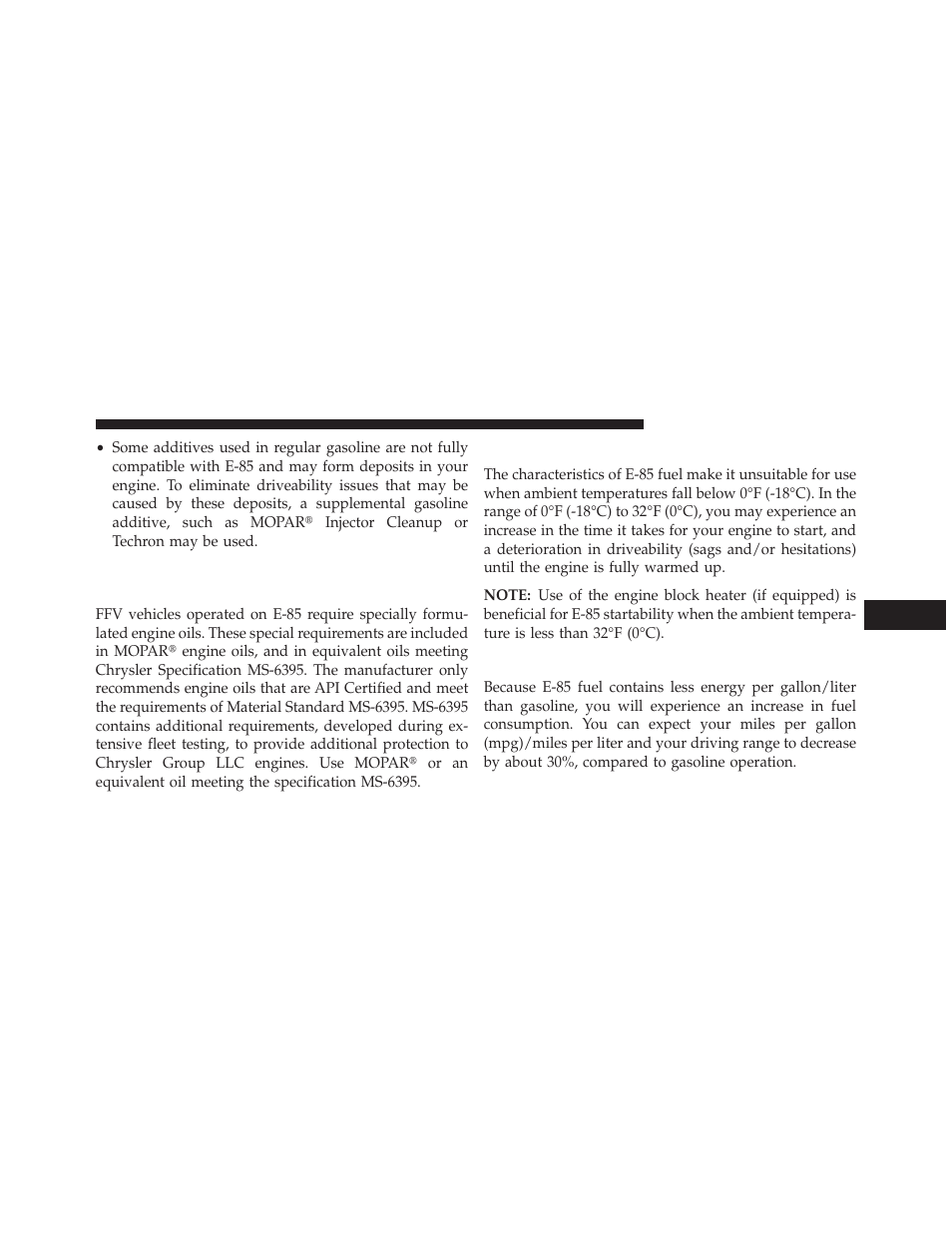 Starting, Cruising range, Selection of engine oil for flexible fuel vehicles | E-85) and gasoline vehicles | Dodge 2013 Charger User Manual | Page 479 / 622