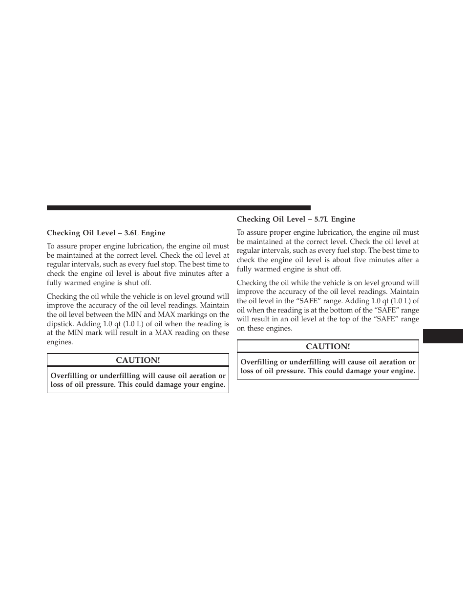 Engine oil, Checking oil level – 3.6l engine, Checking oil level – 5.7l engine | Dodge 2013 Charger User Manual | Page 533 / 622