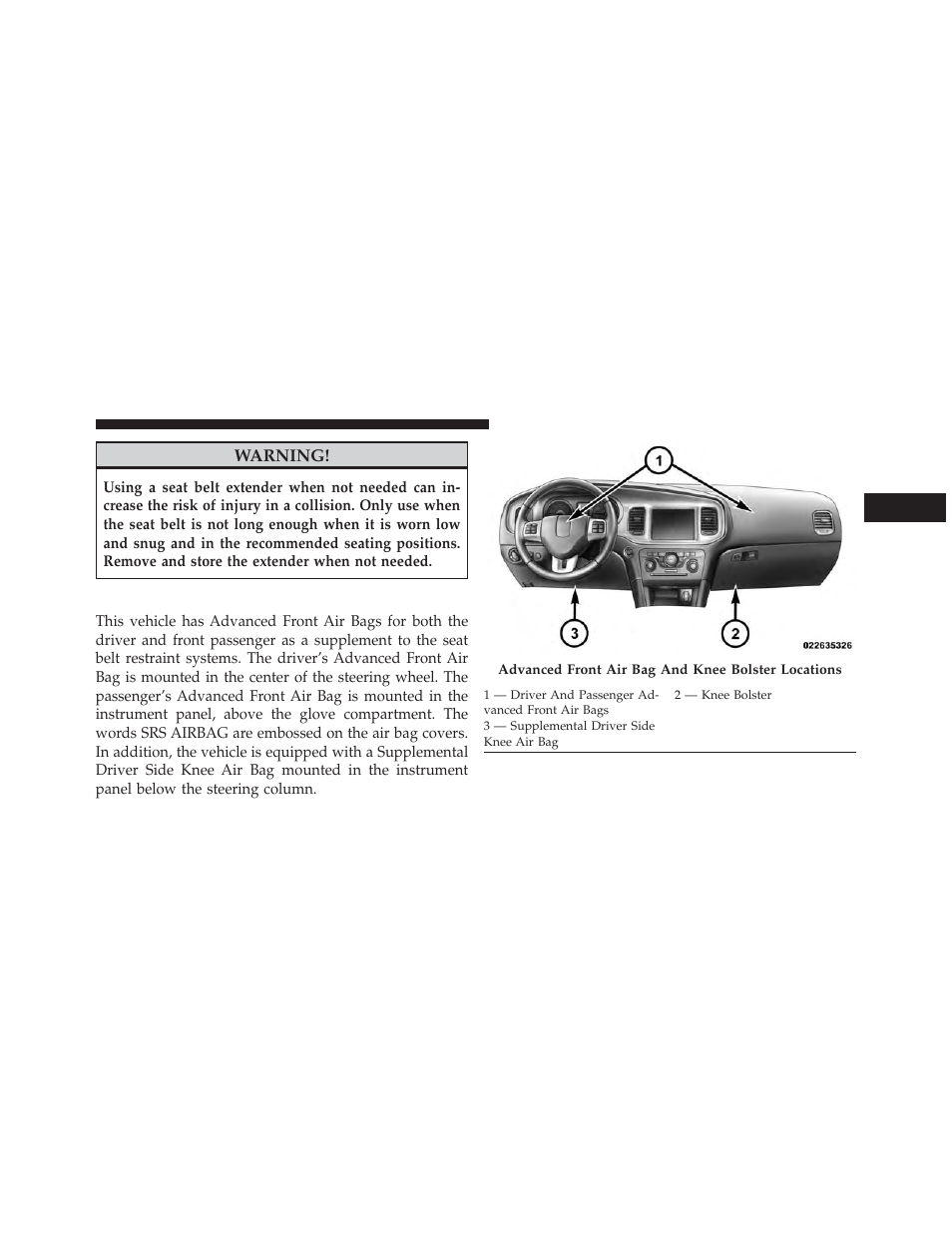 Supplemental restraint system (srs) — air bags, Supplemental restraint system, Srs) — air bags | Dodge 2013 Charger User Manual | Page 61 / 622