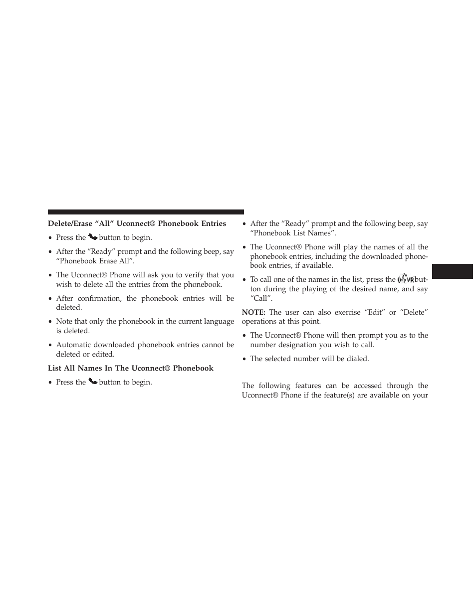 Delete/erase “all” uconnect® phonebook entries, List all names in the uconnect® phonebook, Phone call features | Dodge 2013 Challenger SRT8 User Manual | Page 121 / 512