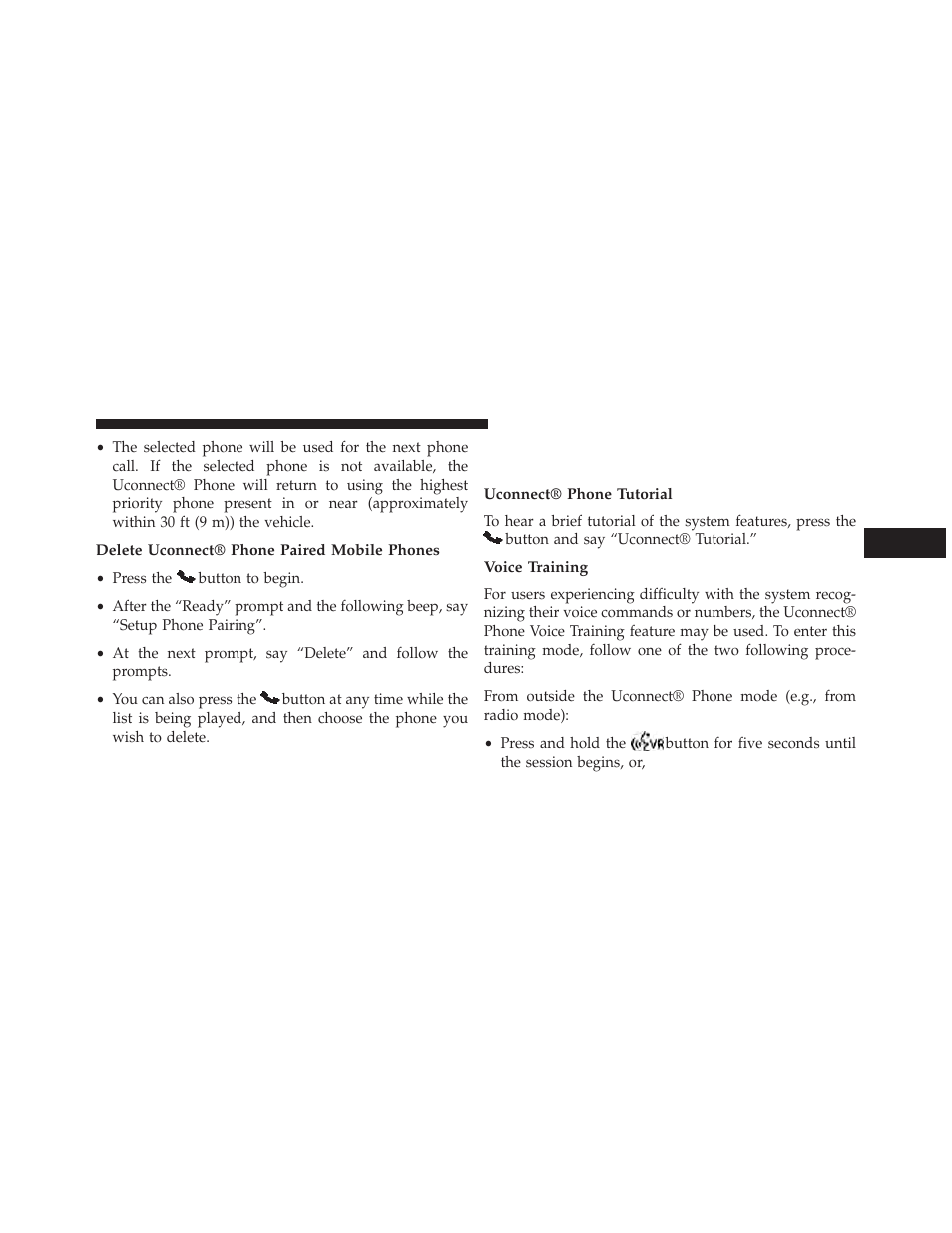 Delete uconnect® phone paired mobile phones, Things you should know about your uconnect® phone, Uconnect® phone tutorial | Voice training, Things you should know about your, Uconnect® phone | Dodge 2013 Challenger SRT8 User Manual | Page 131 / 512