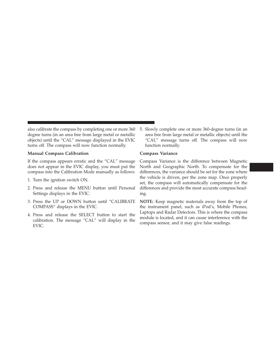 Manual compass calibration, Compass variance | Dodge 2013 Challenger SRT8 User Manual | Page 233 / 512