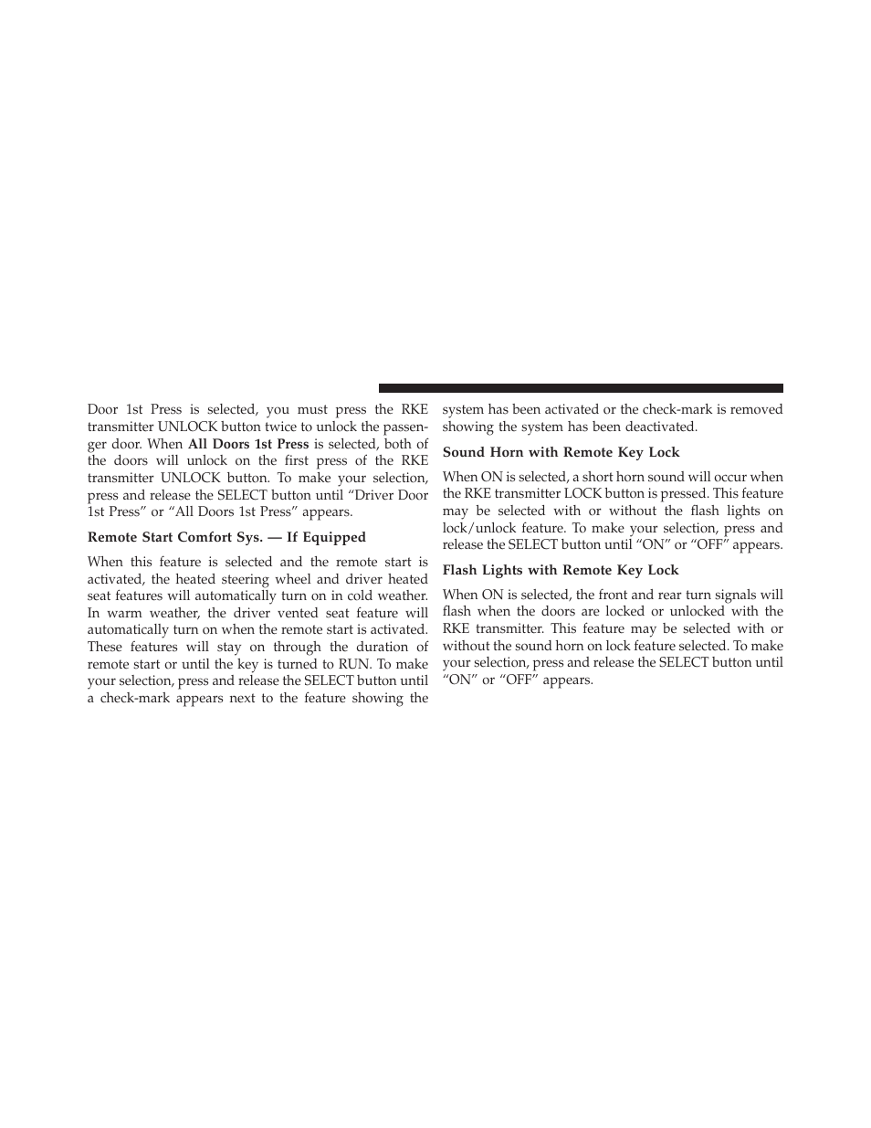 Remote start comfort sys. — if equipped, Sound horn with remote key lock, Flash lights with remote key lock | Dodge 2013 Challenger SRT8 User Manual | Page 236 / 512