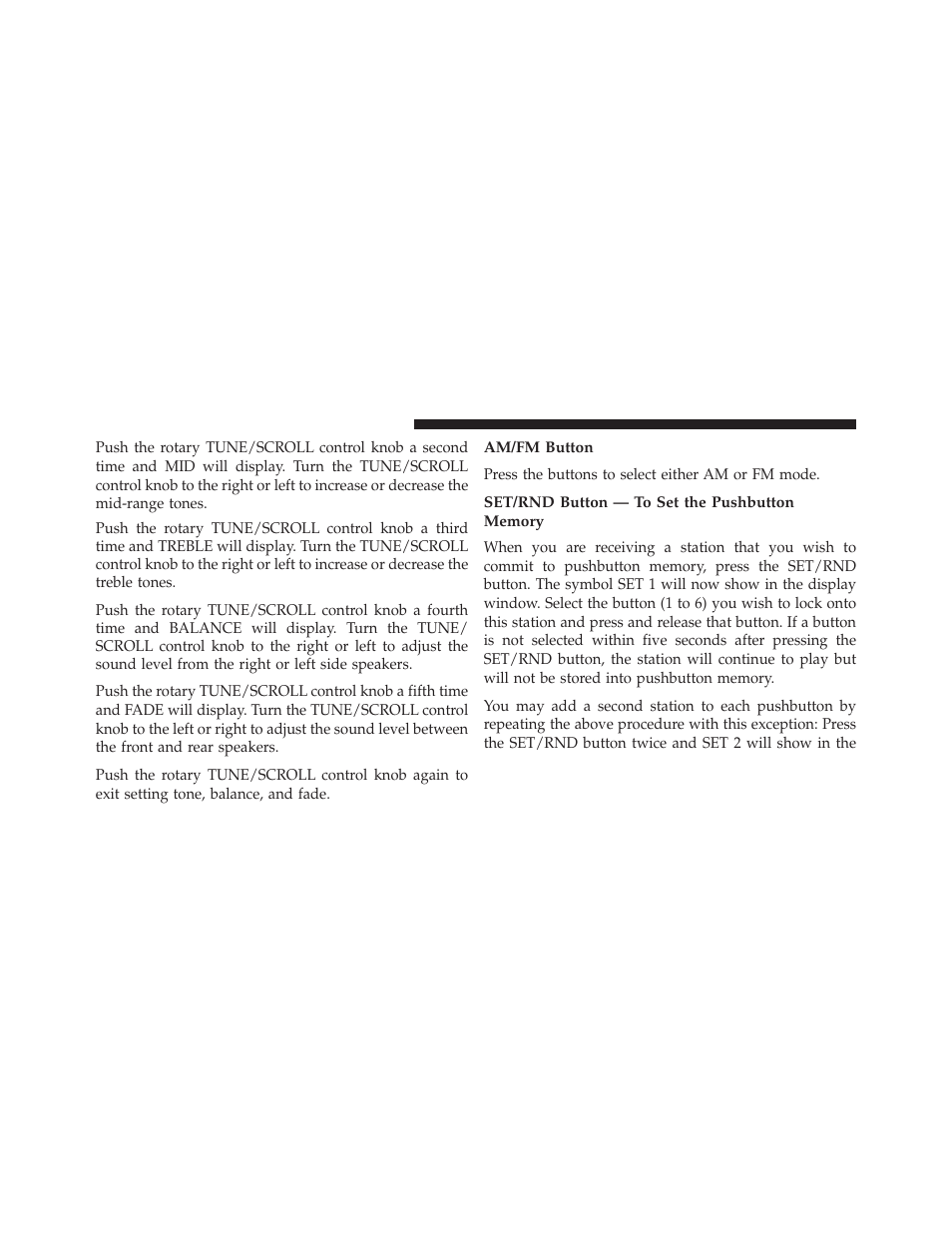 Am/fm button, Set/rnd button — to set the pushbutton memory | Dodge 2013 Challenger SRT8 User Manual | Page 242 / 512