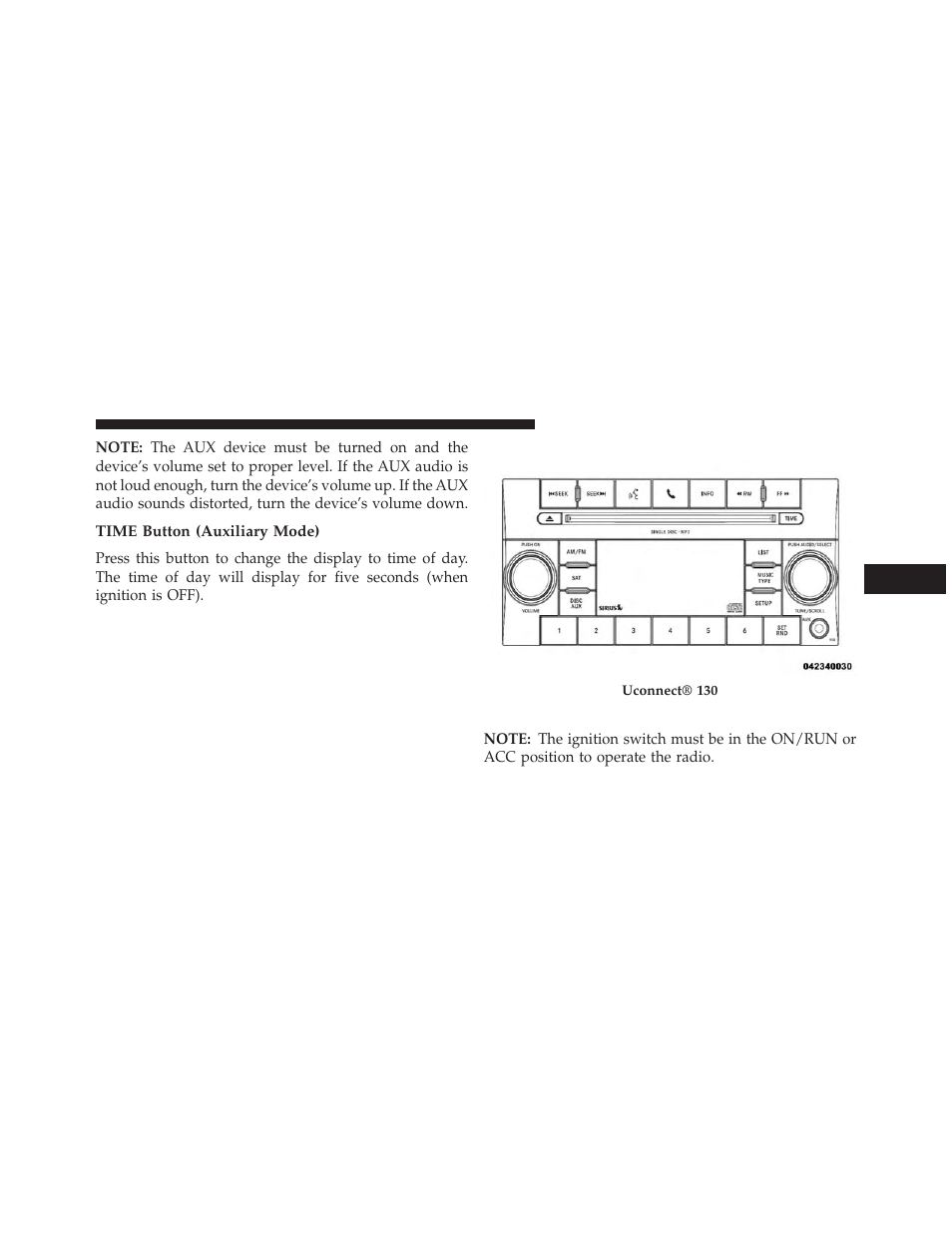 Time button (auxiliary mode), Uconnect® 130 with satellite radio, Operating instructions — radio mode | Dodge 2013 Challenger SRT8 User Manual | Page 249 / 512