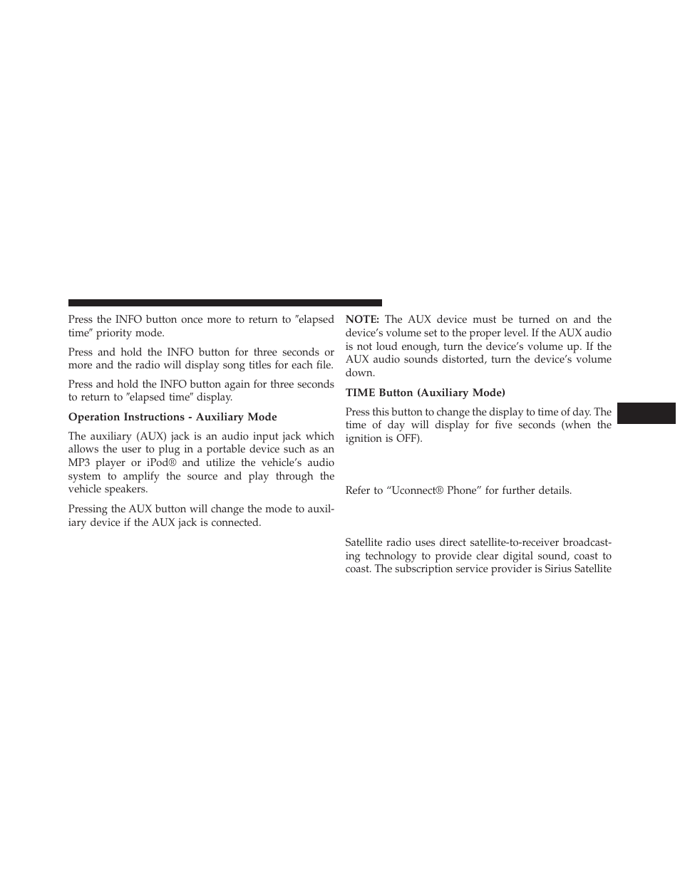 Operation instructions - auxiliary mode, Time button (auxiliary mode), Operating instructions (uconnect® phone) | If equipped, Uconnect® multimedia (satellite radio) | Dodge 2013 Challenger SRT8 User Manual | Page 261 / 512