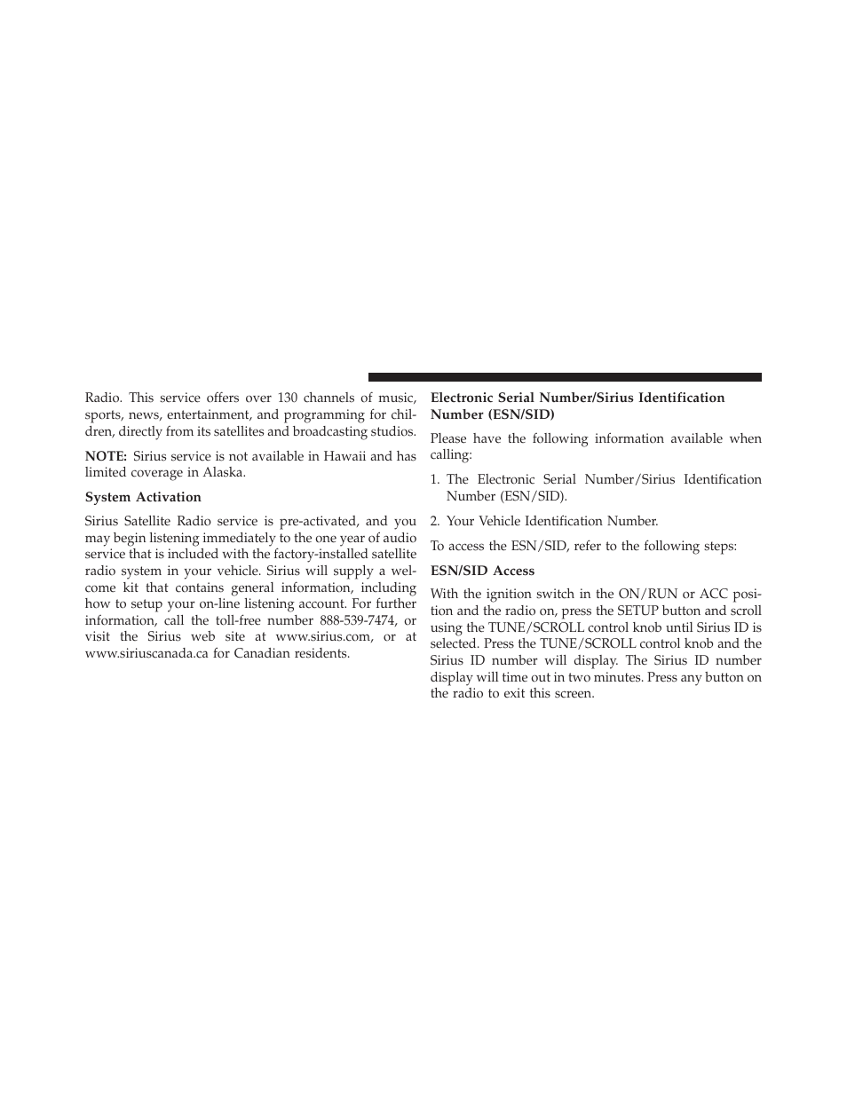 System activation, Esn/sid access | Dodge 2013 Challenger SRT8 User Manual | Page 262 / 512